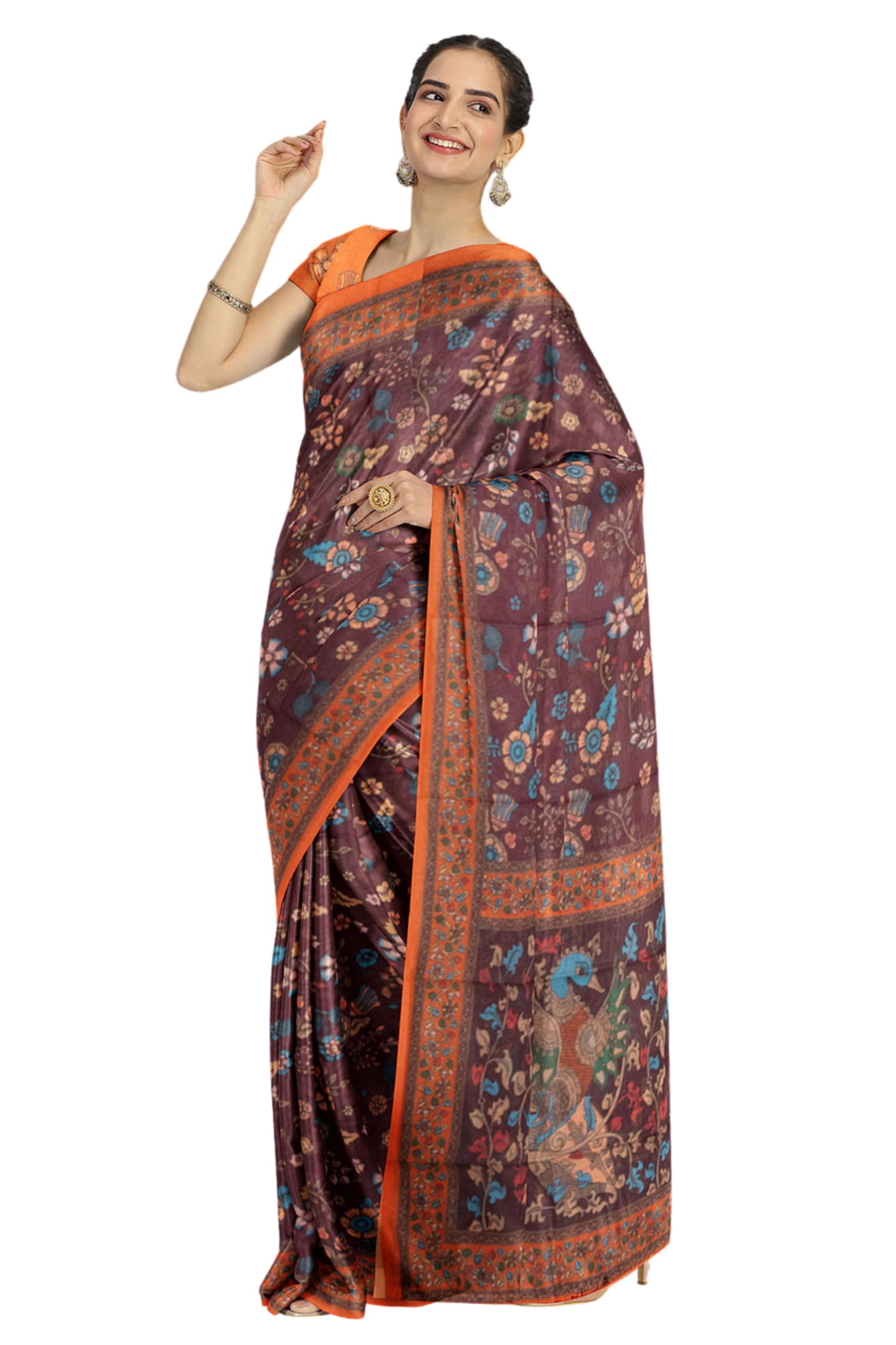 avishya Kalamkari Printed Malai Cotton Saree | Stylish and Traditional Cotton Saree With Unstitched Blouse | For Daily Wear Office and Work Wear Saree (Brown)-picture-4