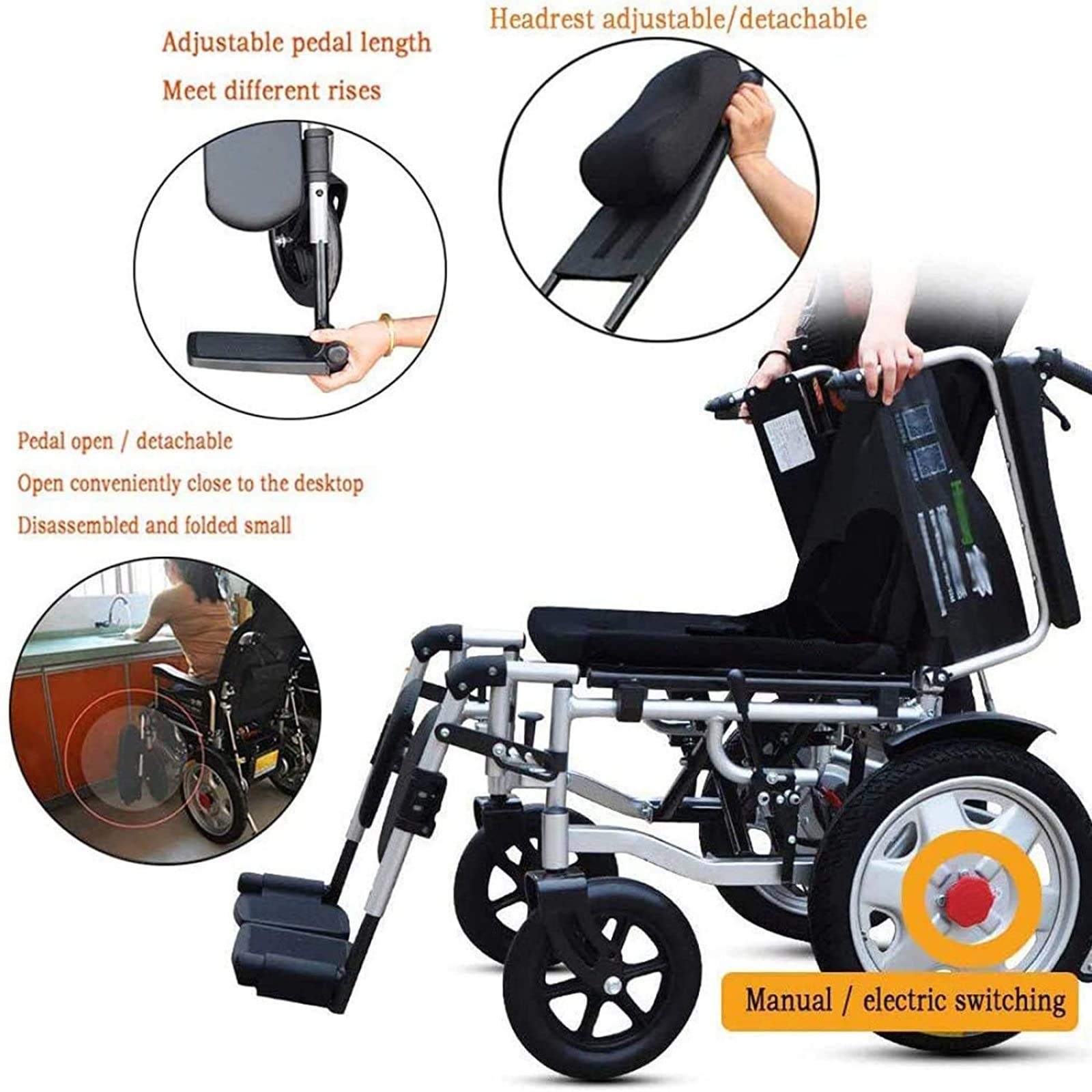 Silla de Ruedas Eléctrica Portátil CZCZ, Negro, Ligera y Plegable con Reposacabezas, Respaldo Ajustable y Joystick, 12AH