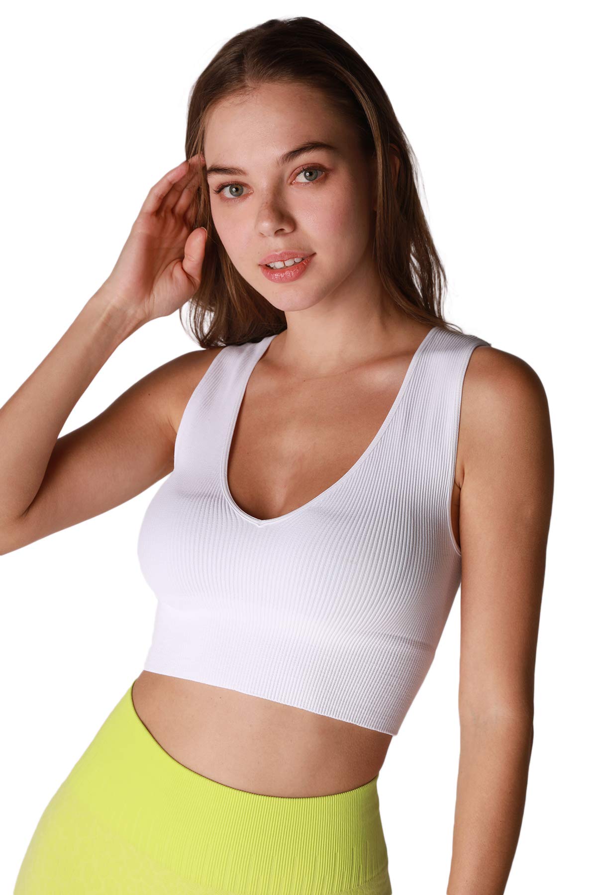 NikibikiWomen Seamless Plunge V-Neck Ribbed Crop Top, Made in U.S.A, One Size