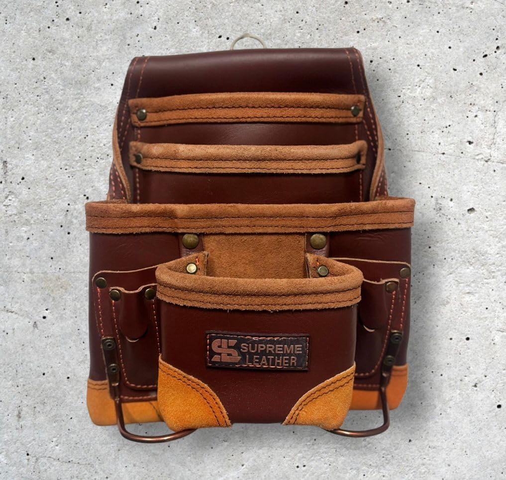 Oil Tanned Leather Tool Pouch Bag | White| Carpenter, Construction, Framers, Handyman | 10 Pockets, 2 Hammer Holders | 100% Leather (Birch, Standard)