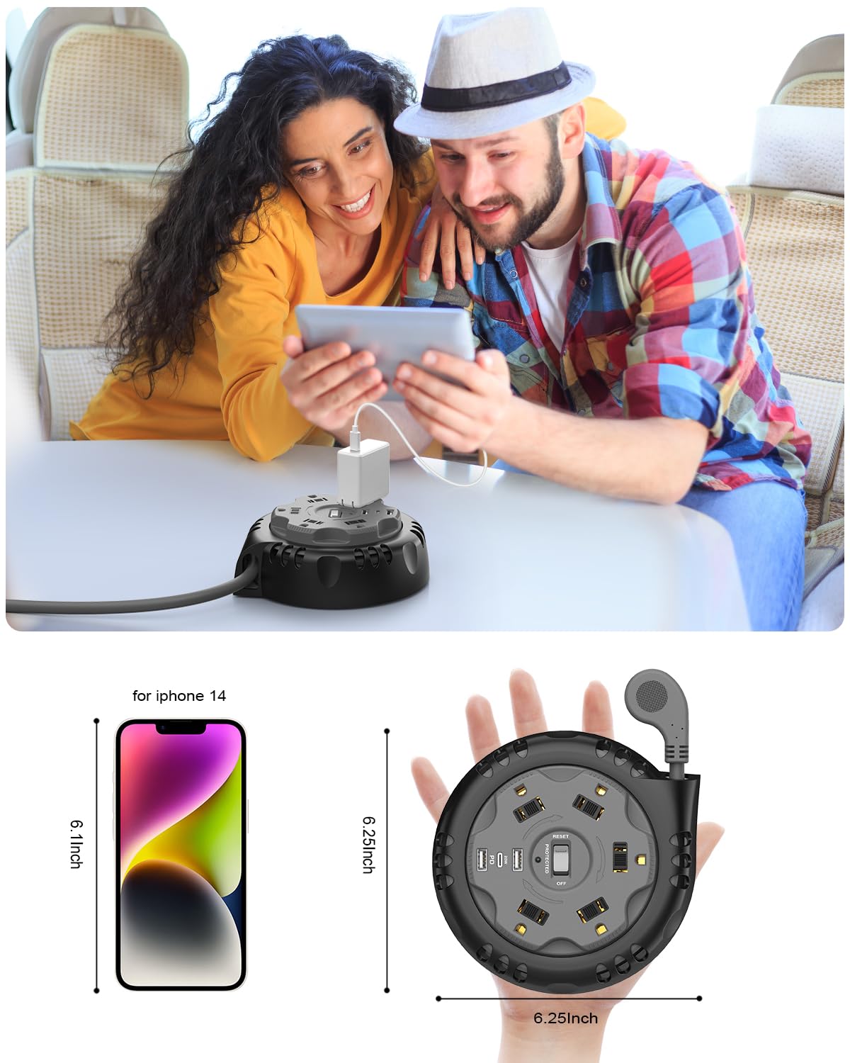 Einziehbare Spule Verlängerungskabel mit USB C PD 20W Flachstecker Reise-Stromleiste Überspannungsschutz mit 5 AC 3 USB Ports 10 Reise Verlängerungskabel