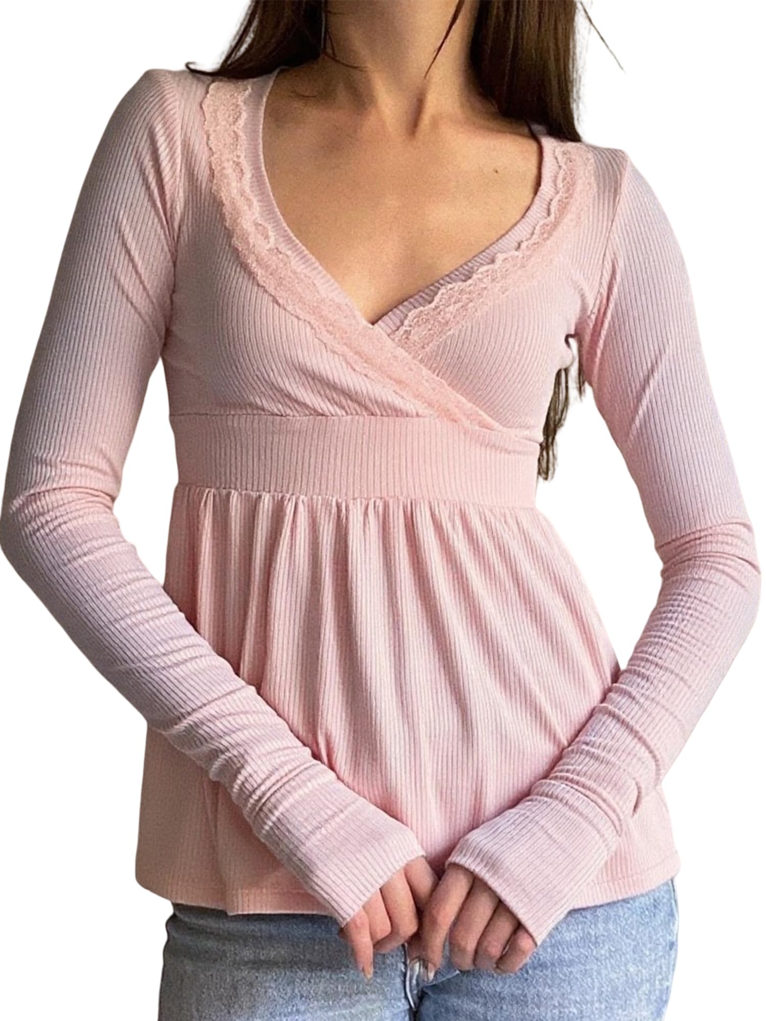 Women Y2K Babydoll Knit Tops Long Sleeve Lace Patchwork Low Cut Peplum Sweater Fairy Vintage 90s Coquette Blouse-image-32