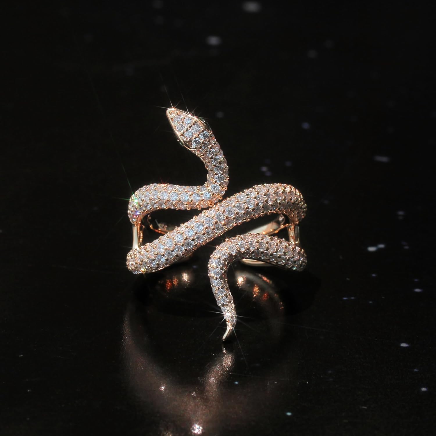 Sterling Silver Statement Ring 14K Gold Plated Healing Protection Snake CZ Pave Adjustable Open Ring 34mm, 7