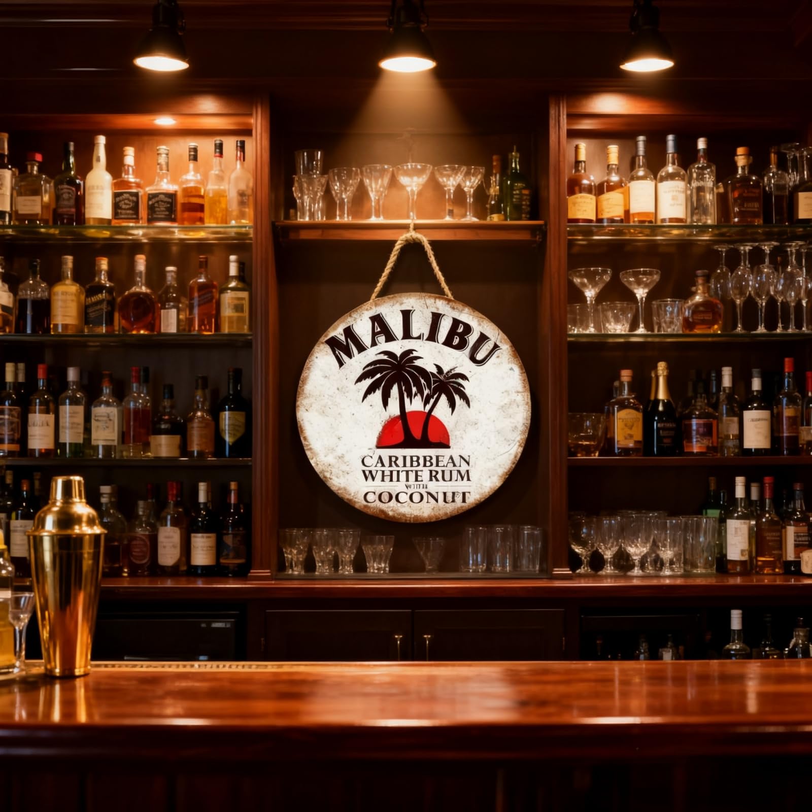 Bar Sign, Home Bar, Man Cave, Malibu Coconut Rum Themed Wooden Hanging Plaque, Circular 20cm Decor with Rope for Garden or Tiki Bar