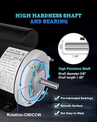 1 HP Electric Motor, Single Phase Farm Duty Motor 1725RPM 115V/230V,13.6/6.8A, 56 Frame, 5/8 Shaft Diameter, 1.88 Shaft Length, CW/CCW TEFC
