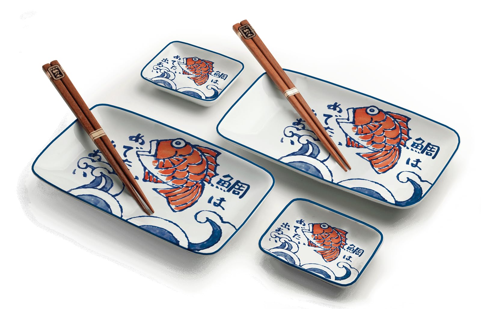 Japon Set d'assiettes à sushi pour chat et koi | Service de vaisselle à sushi 6 pièces pour 2 personnes | Assiettes à sushi, bols et baguettes dans différents designs d'animaux asiatiques – Fabriqué