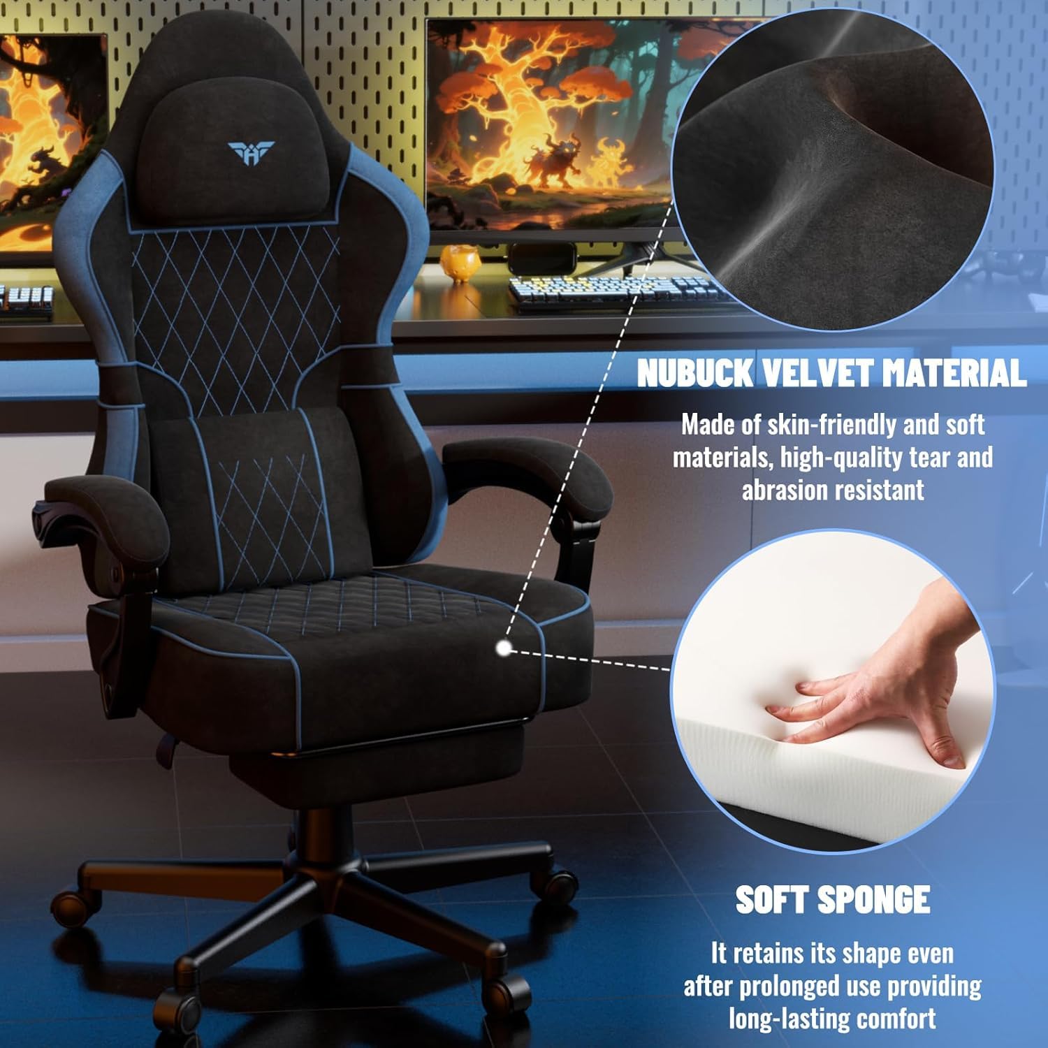 Soontrans Silla Gaming con Cojín Lumbar Masajeador, Silla Gamer con Reposacabezas, Reposapiés, Cadeira Gaming, Tela sintética, Altura Ajustable para Juegos (Negro y Azul)