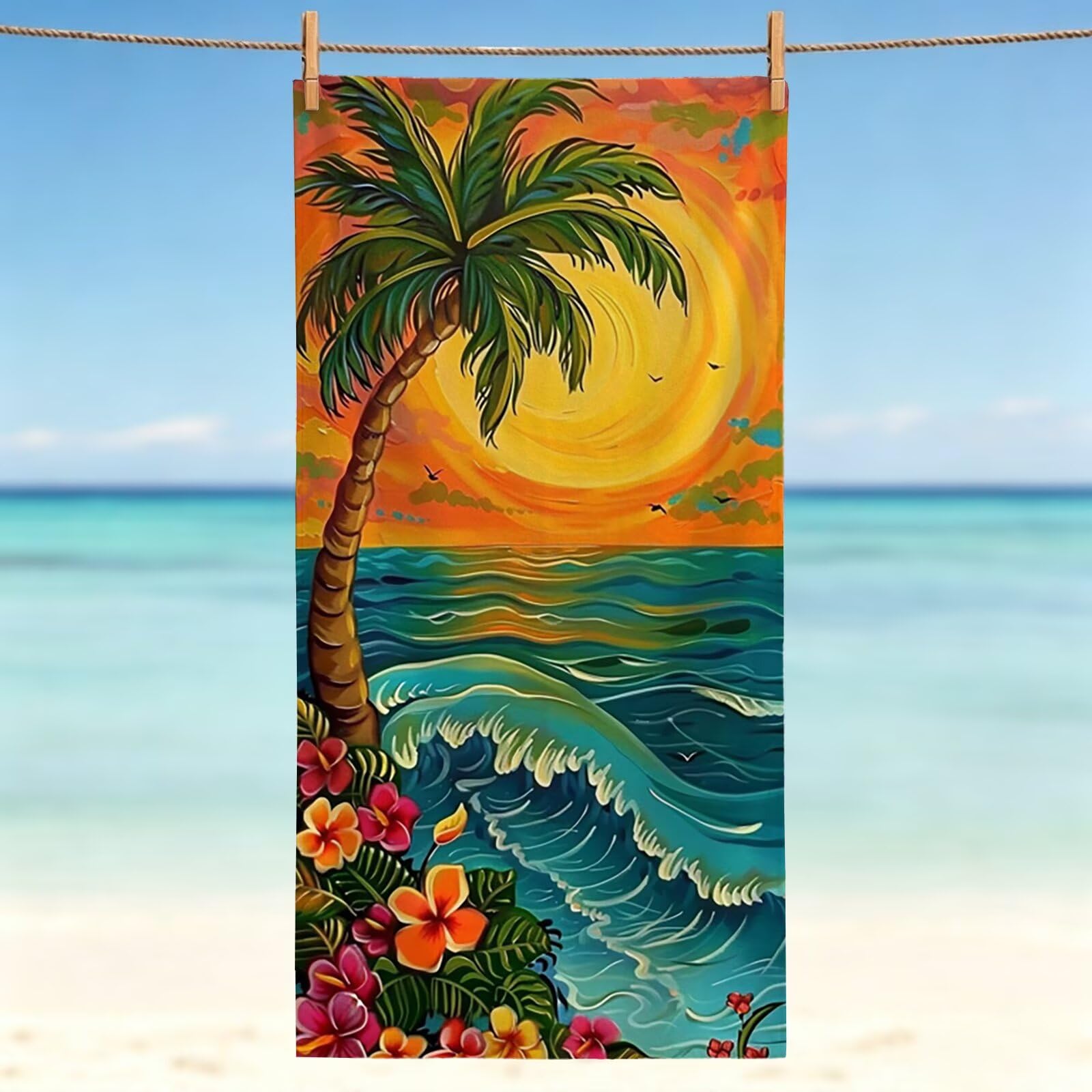 Serviette de plage microfibre 190x95 cm grand drap orange cocotiers
