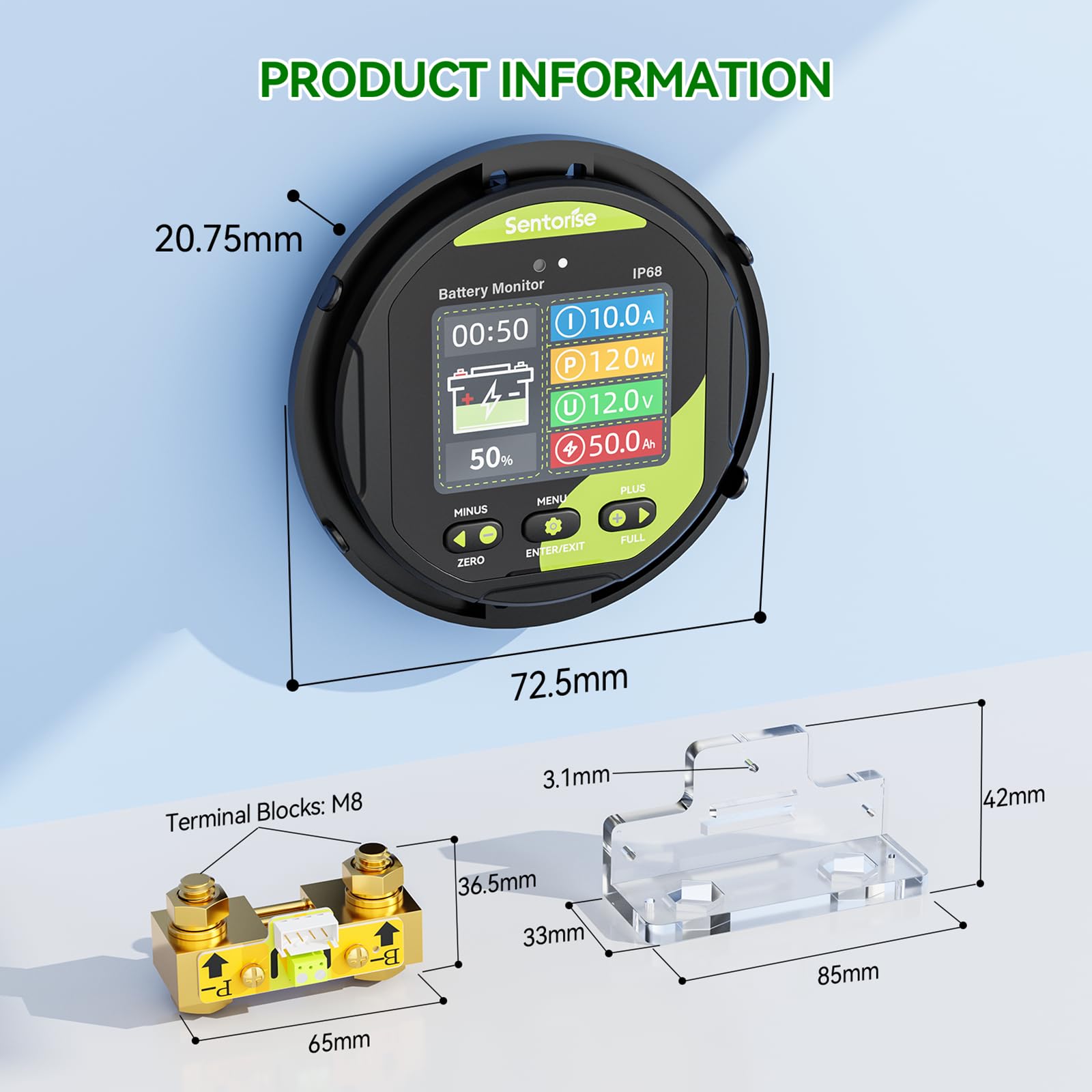 0-500A Batteriemonitor mit Shunt, 8-120V, IP68 LCD wasserdicht, Summeralarm für RV, Solar, Marine, Offgrid. Anzeige Kap.%, Zeit, Leistung, Spannung