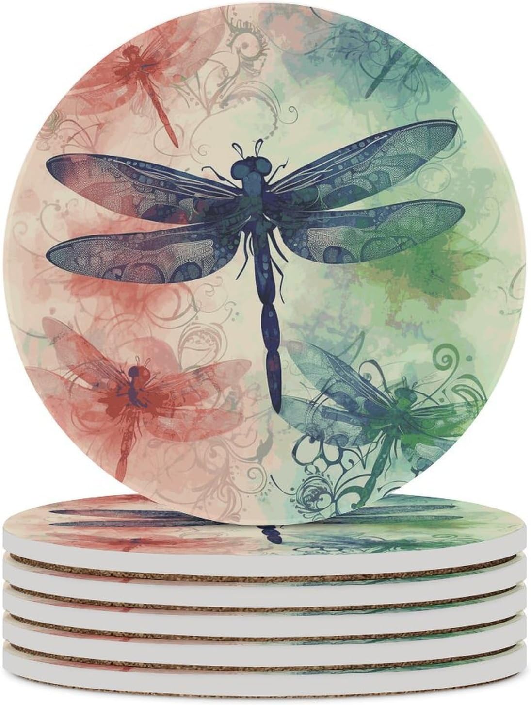 Modern Dragonfly Coasters for Drinks Absorbing Round Ceramic Stone Coaster with Cork Base Coffee Cup Beverage Table Cup Mat Modern Style Bar Coaster Set for Home Decor