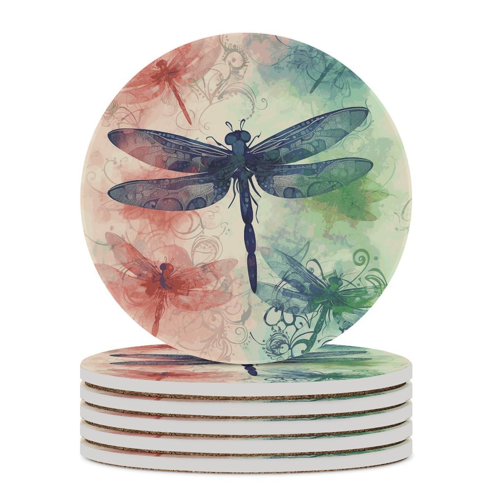 Modern Dragonfly Coasters for Drinks Absorbing Round Ceramic Stone Coaster with Cork Base Coffee Cup Beverage Table Cup Mat Modern Style Bar Coaster Set for Home Decor