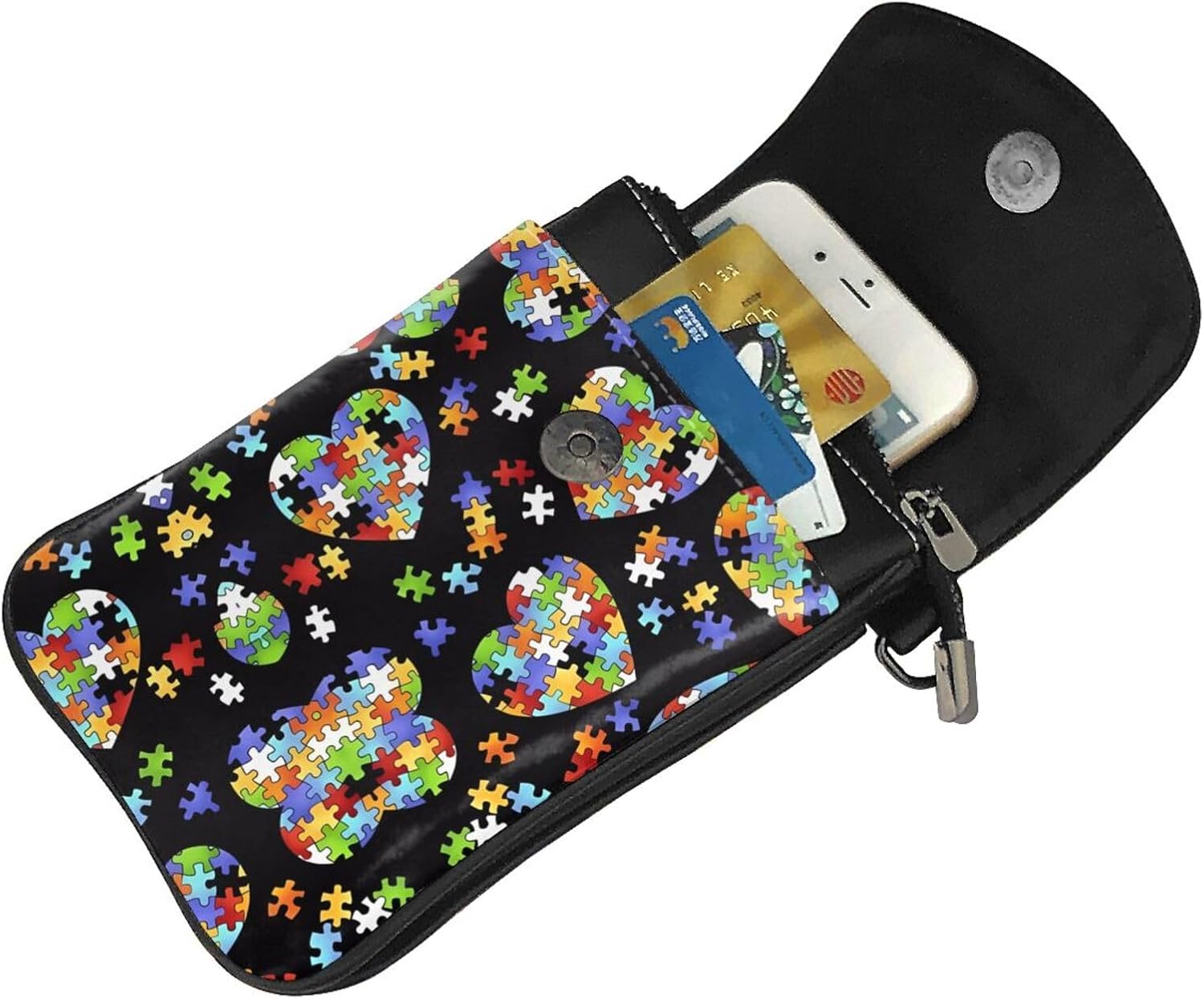 BROLEO women leather Cell Phone Purse Autism Awareness Puzzle Pieces Heart picture Soft, durable and waterproof PU leather Convenient for daily use and travel, Black