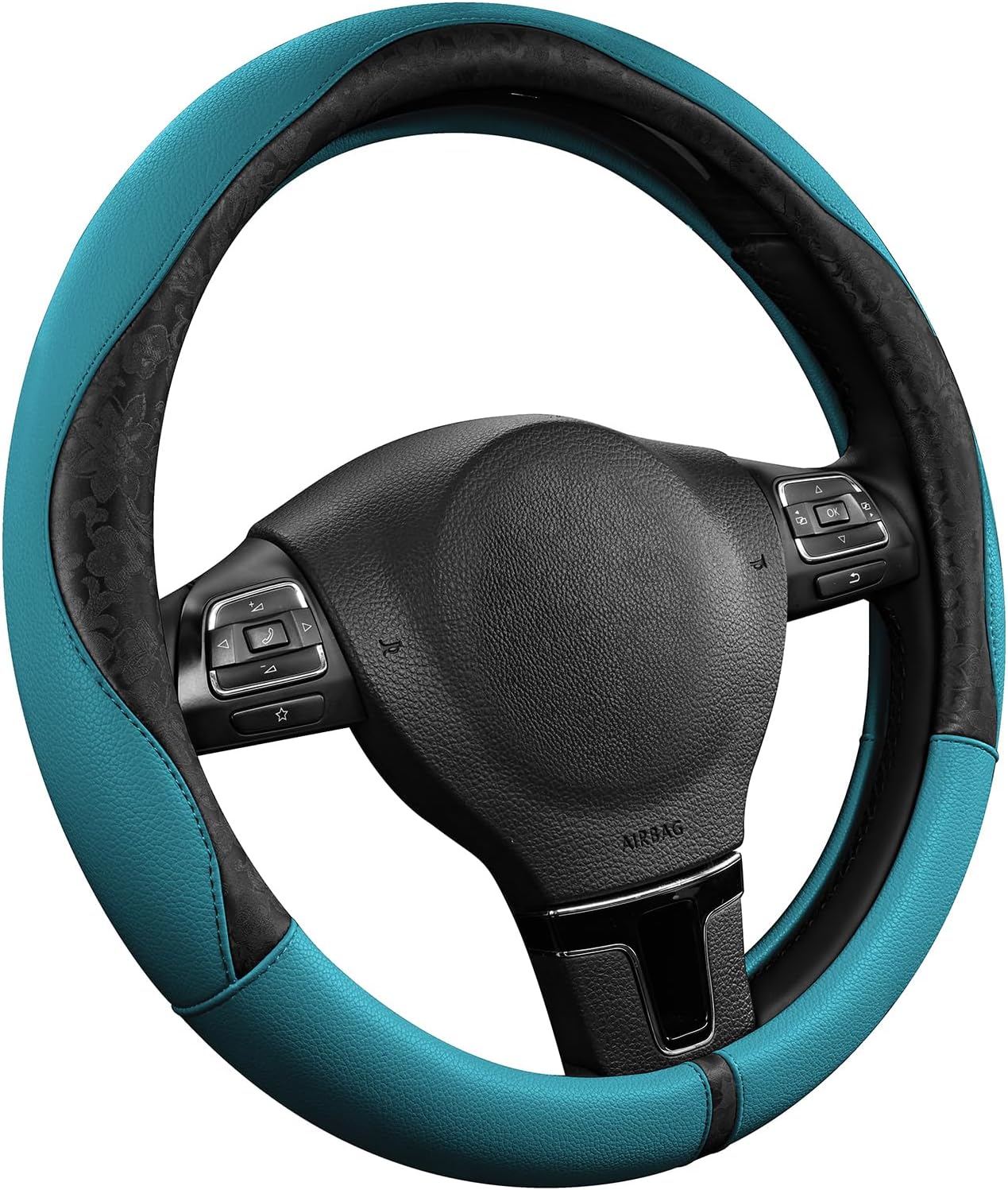 pic auto steering wheel cover, black patterned & blue leather patchwork design, universal fit 14.5"–15.5", anti-slip, odor-free, soft pu grain leather, durable grip car accessory for girls & women black & blue