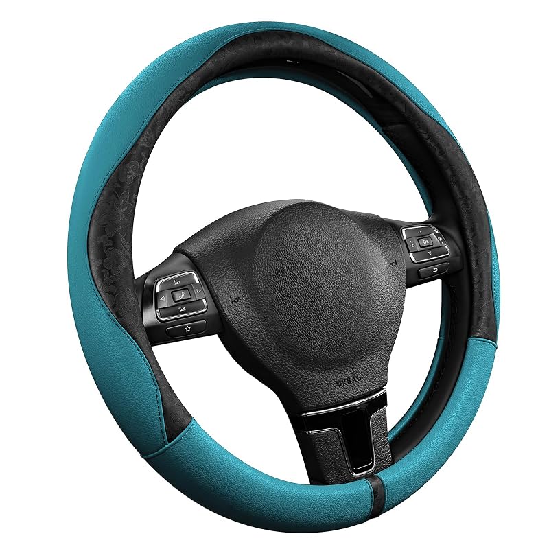 Capa para volante PIC AUTO preta e azul em couro sintético PU estampado, compatível com volantes de 36,8 a 39,4 cm
