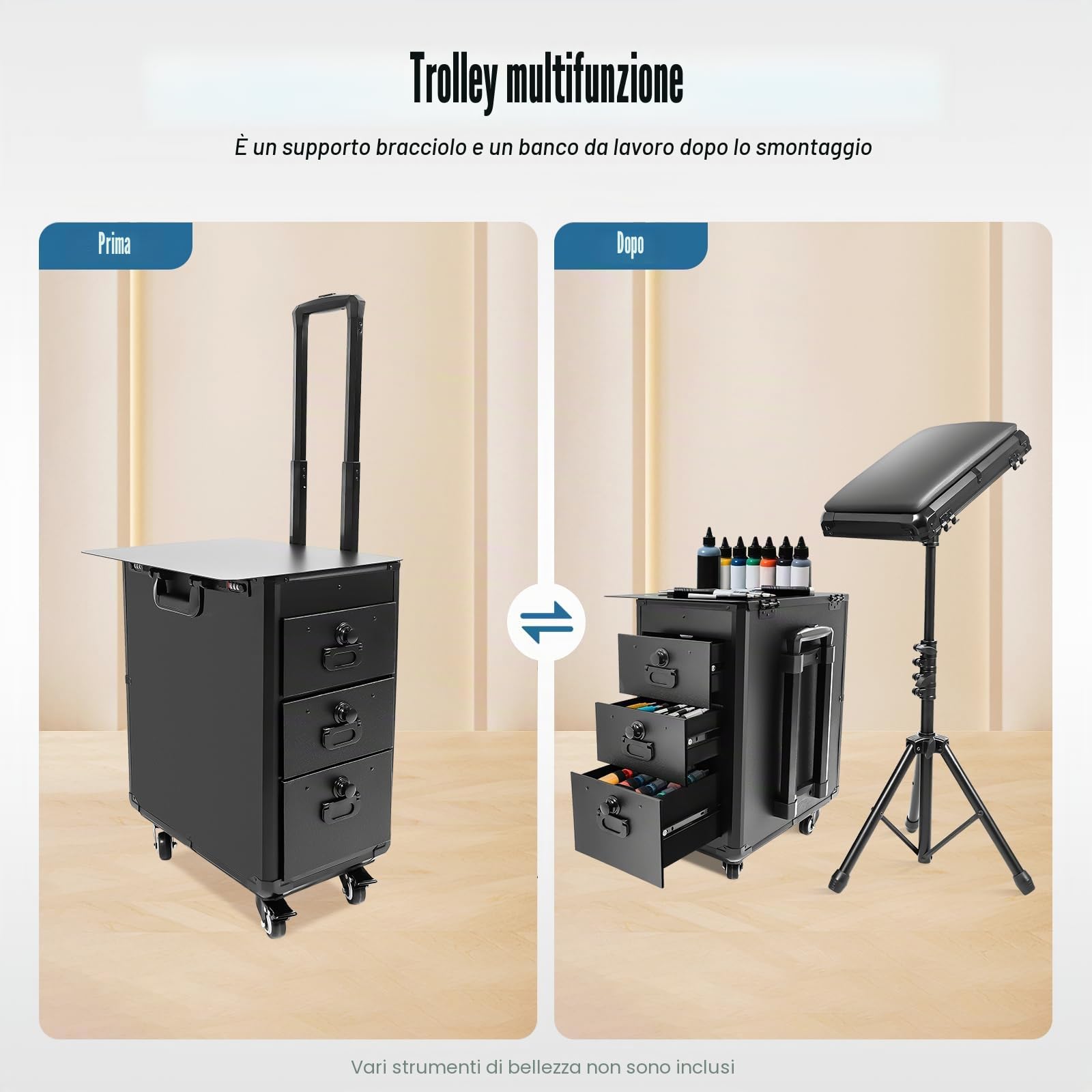 Valigetta cosmetica trolley con braccioli e lamiera metallica, per tatuaggi con 3 cassetti, per trucchi professionali, da tavolo per tatuaggi, da donna, con ruote