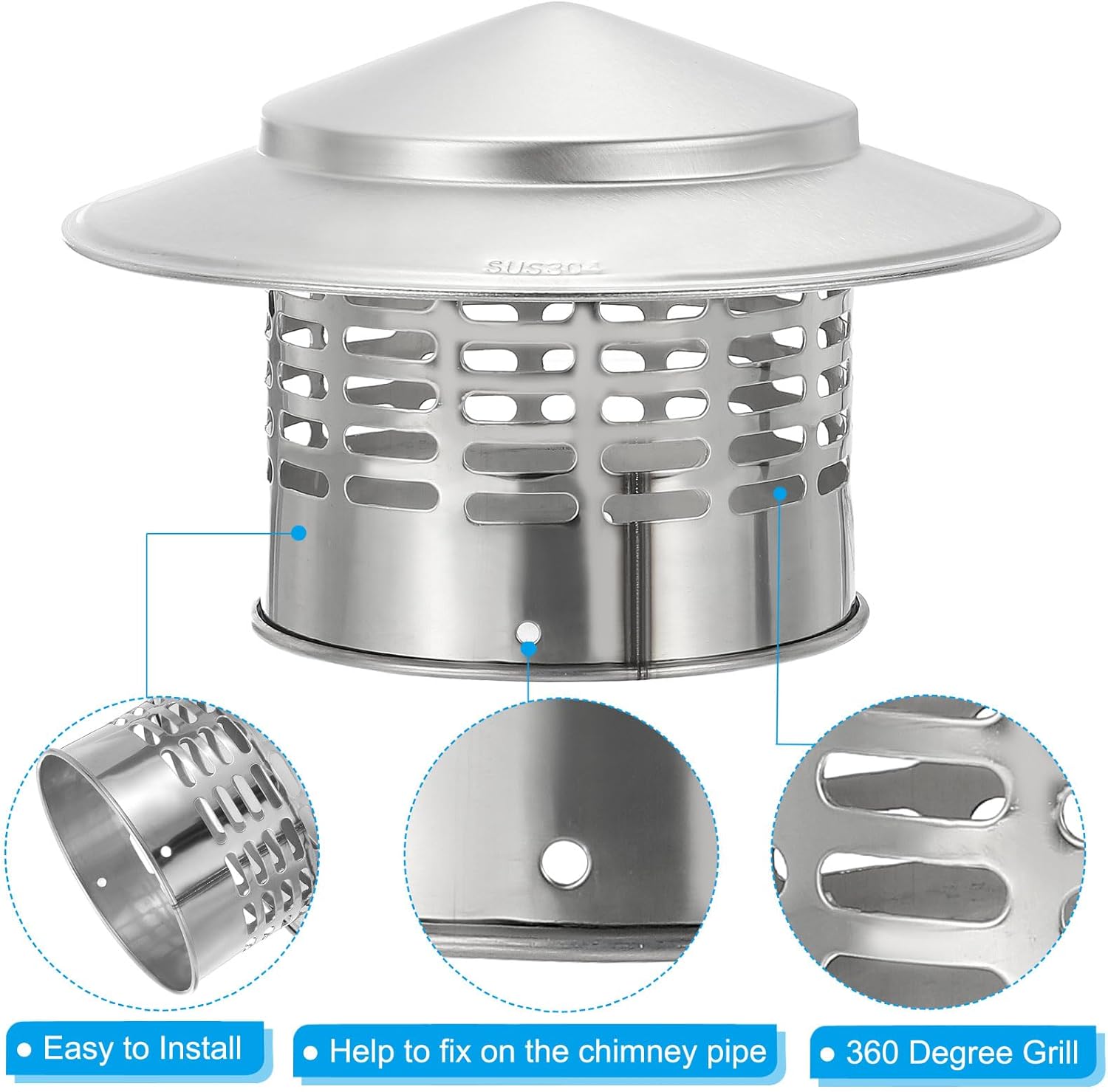 PATIKIL 4" Chimney Cap, 2pcs 304 Stainless Steel Round Chimney Cover Cap Hood Screen Roof Vent with Screws for Fireplace Exhaust Exterior Stove Pipe