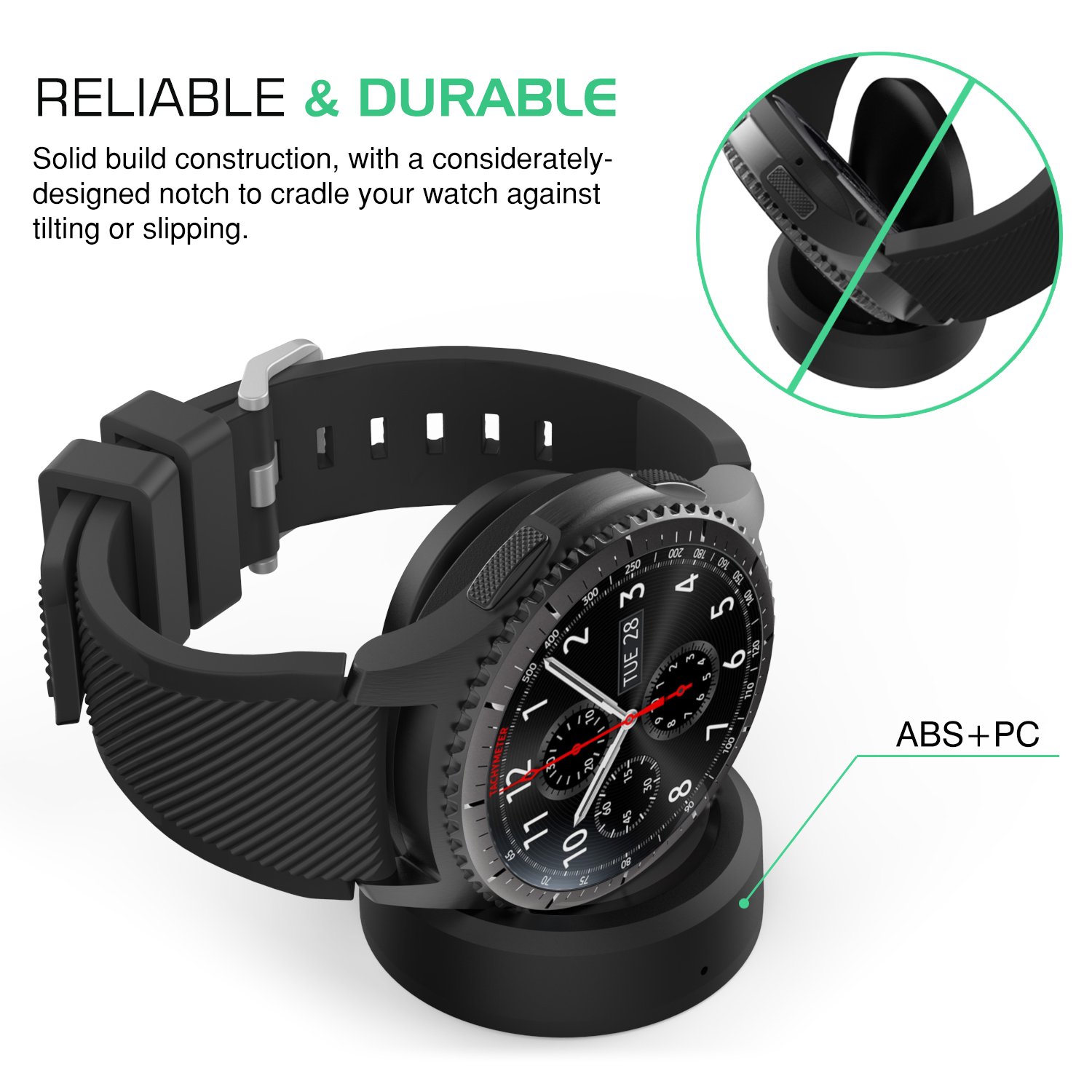 MoKo Caricabatterie Orologio Compatibile con Samsung Gear S3 Classic SM-R770 / S3 Frontier SM-R760 Smartwatch, Caricatore Qi Wireless Senza Fili Pad di Ricarica con Micro USB Cavo, Nero