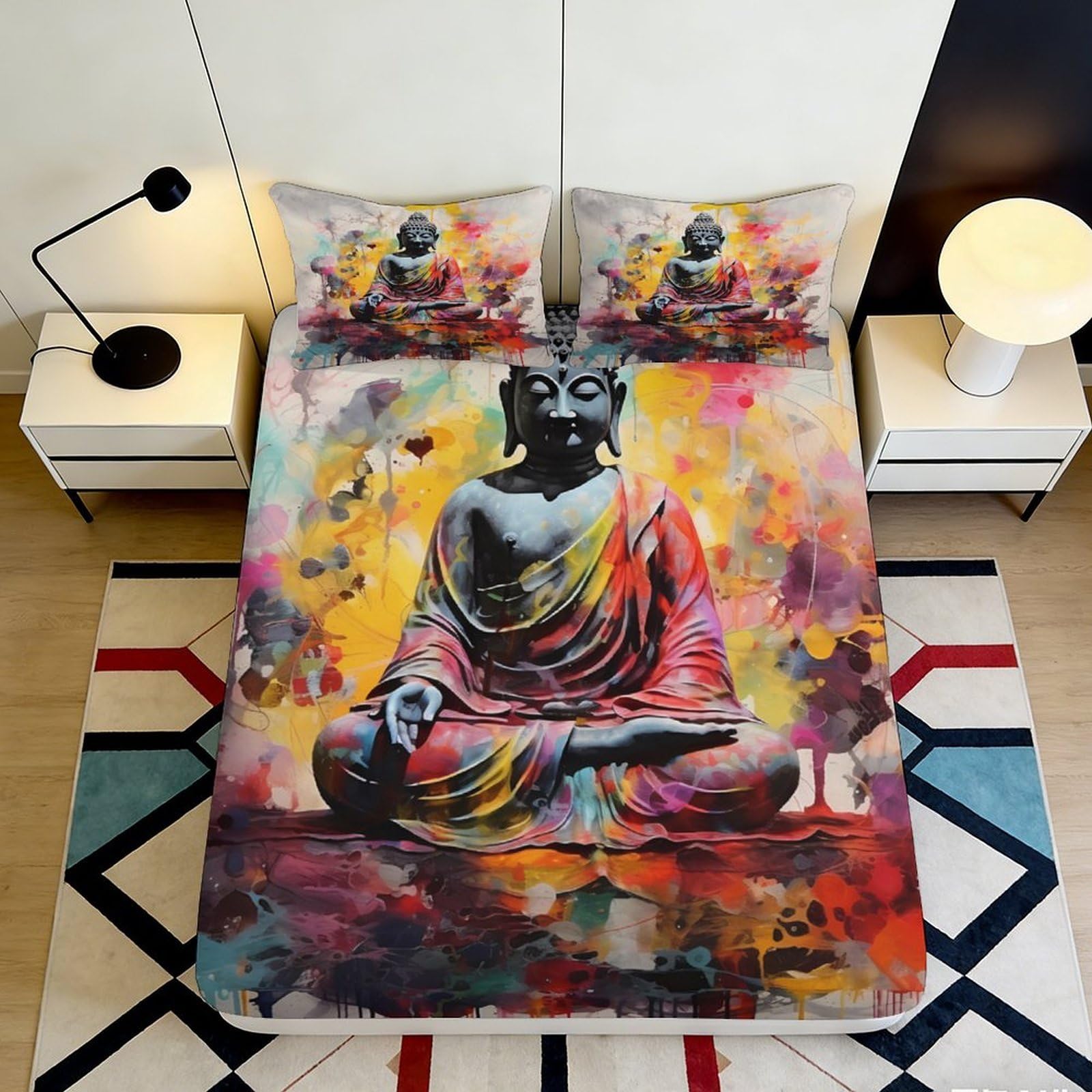 3D Printed Buddha Art Fitted Sheet Microfiber Vibrant Colorful Meditation Mattress Cover for Bedroom Dorm Décor 160x200x25cm