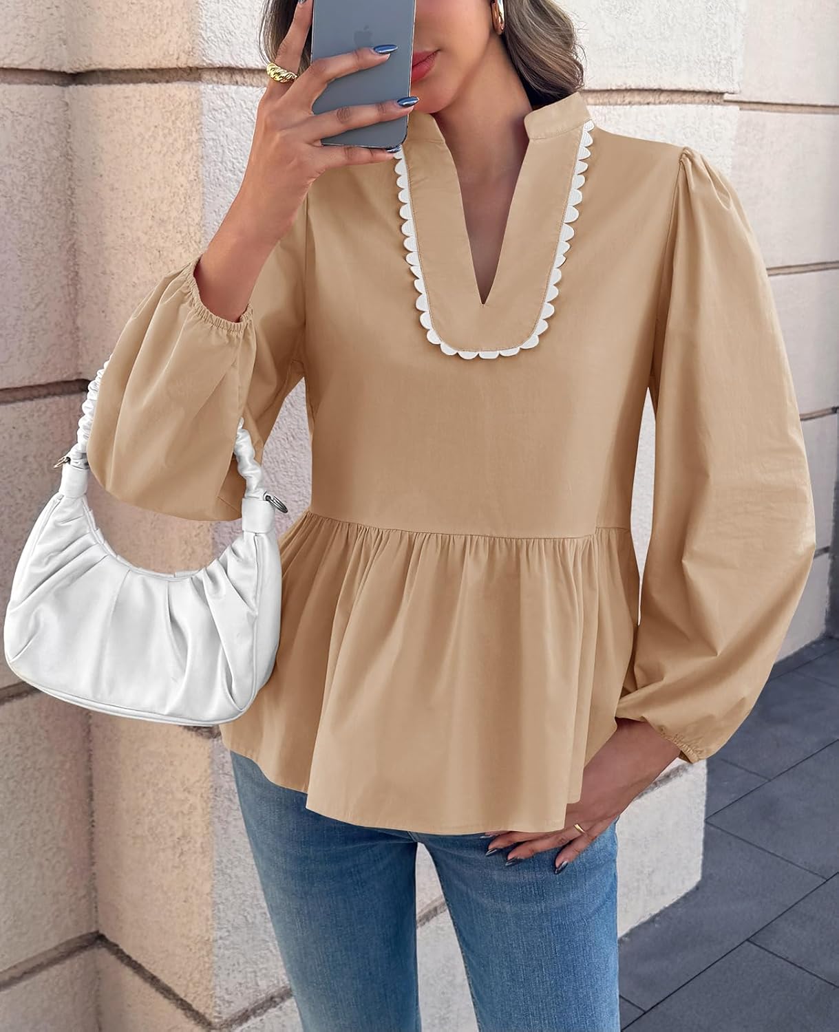 Cicy Bell Womens Puff Long Sleeve Peplum Blouses Babydoll V Neck Ruffle Tops Cute Cotton Loose Fit Shirts - Image 2