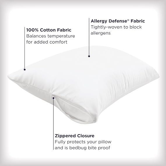 AllerEase Ultimate Cotton Pillow Protector Advanced Allergy Protection Temperature Balancing Comfort Zippered Pillow Cover, King, White- 2 Pack