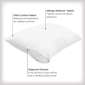 AllerEase Ultimate Cotton Pillow Protector Advanced Allergy Protection Temperature Balancing Comfort Zippered Pillow Cover, King, White- 2 Pack