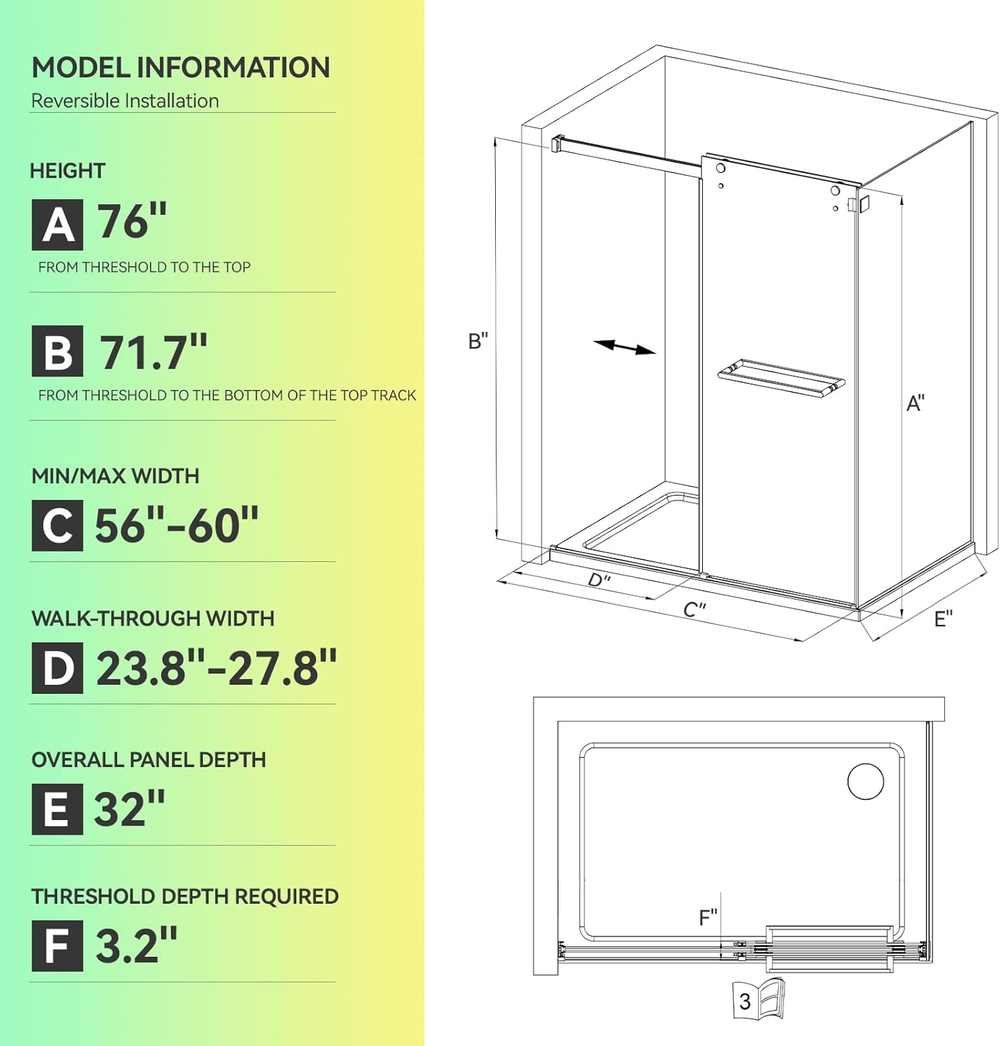 56-60" W x 32" D x76 H Frameless Shower Enclosure,Double Sliding Corner Shower Door,304 Stainless Steel Towel Bar Nano Coating Easy to Clean Tempered Glass, L-Shaped Glass Shower Door Black