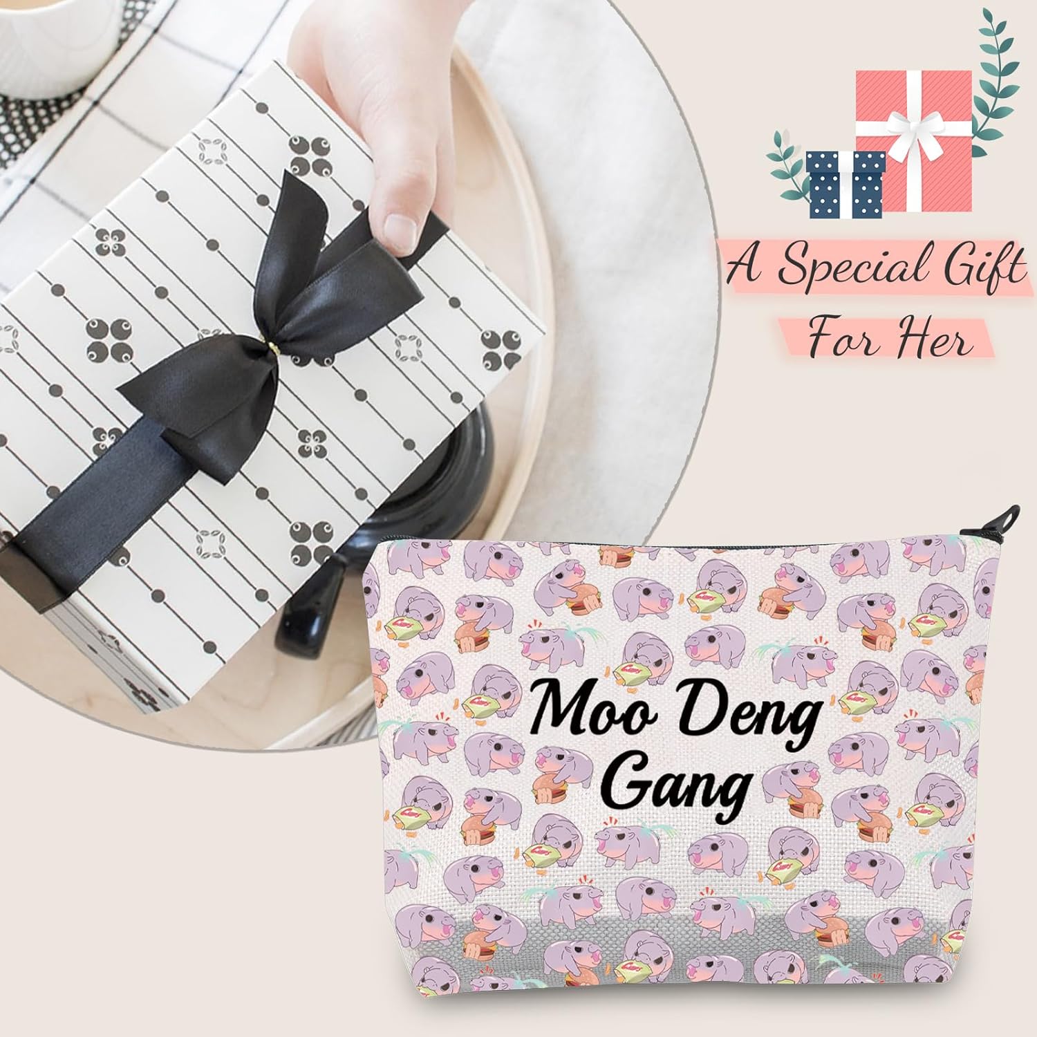 JXGZSO Funny Hippo Cosmetic Bag Moo Deng Gang Makeup Bag Moo Deng Lover Gift Cute Hippo Gift - Image 6