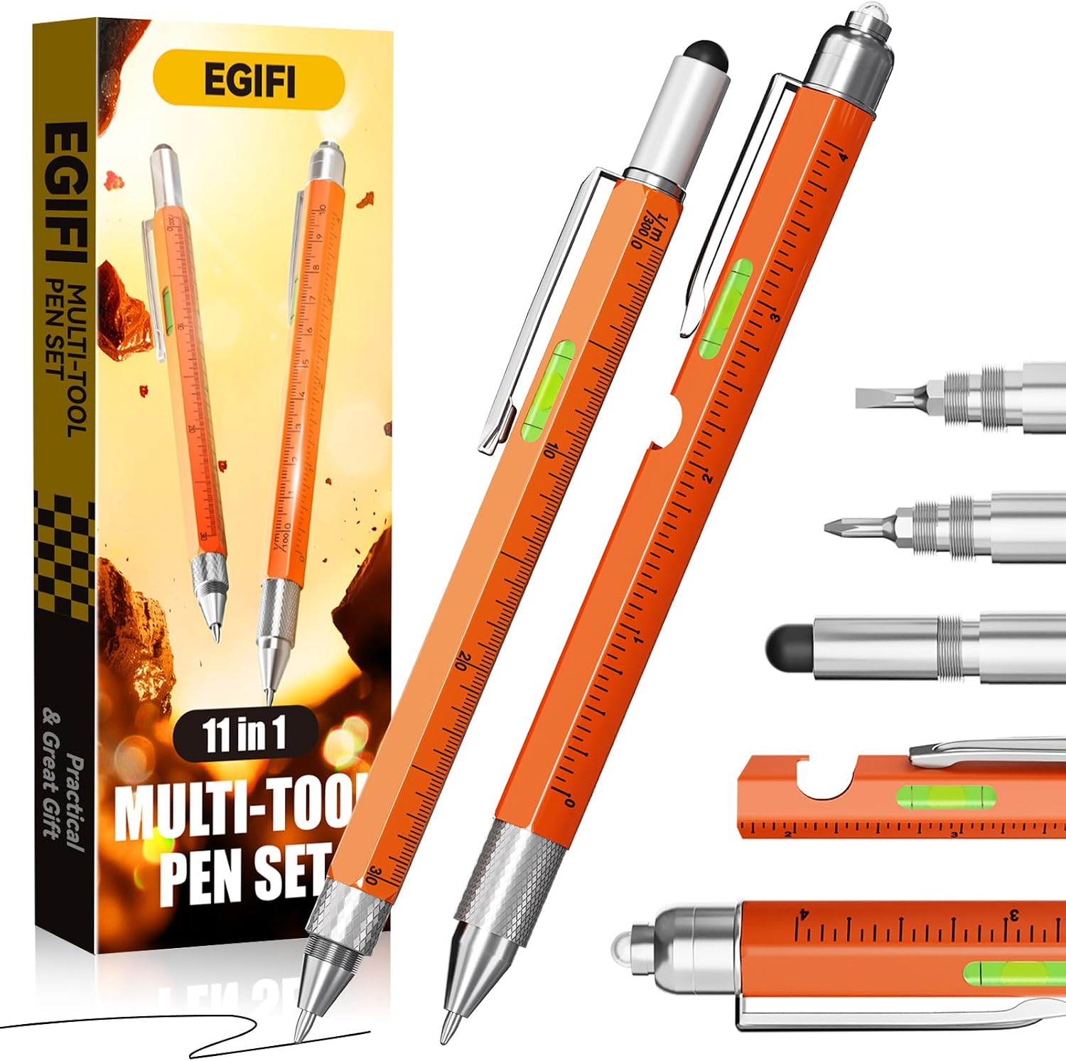 Gifts for Him Dad Husband 11 in 1 Multi Tool Pen with LED Light Ruler Spirit Level Screwdriver Stylus Slot Cool Birthday Devices for Men Who Have Everything Orange