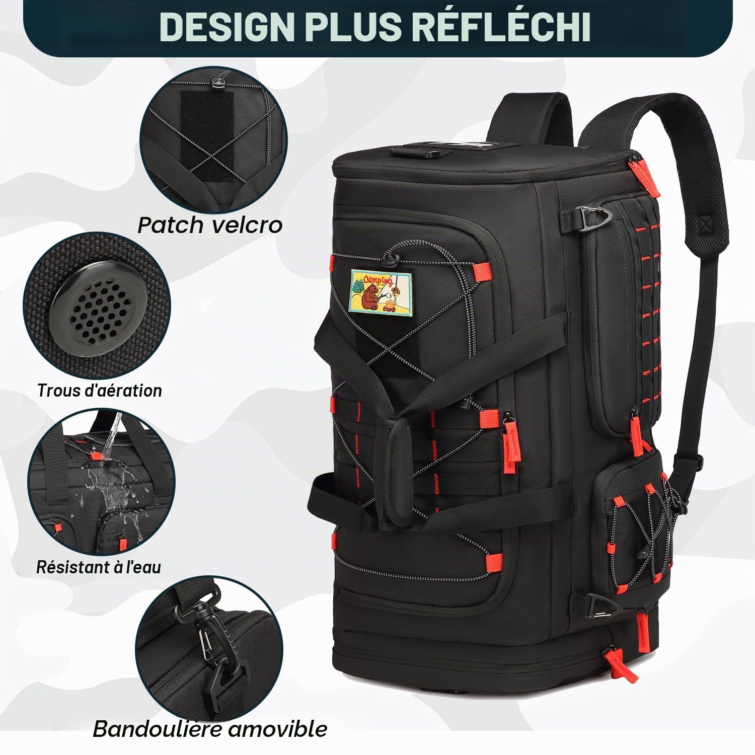 Sac de sport avec fonction sac à dos pour homme et femme 3 en 1 50 l - Grand sac de voyage tactique avec chaussures - Imperméable - Pour natation, alpinisme, voyage, weekend - Noir