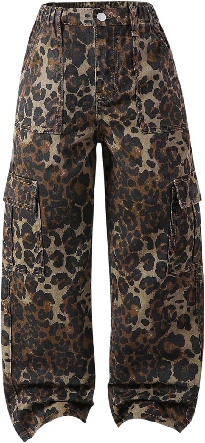 Milumia Girl's Leopard Print Cargo Pants Cheetah Straight Wide Leg Denim Jean with Pockets