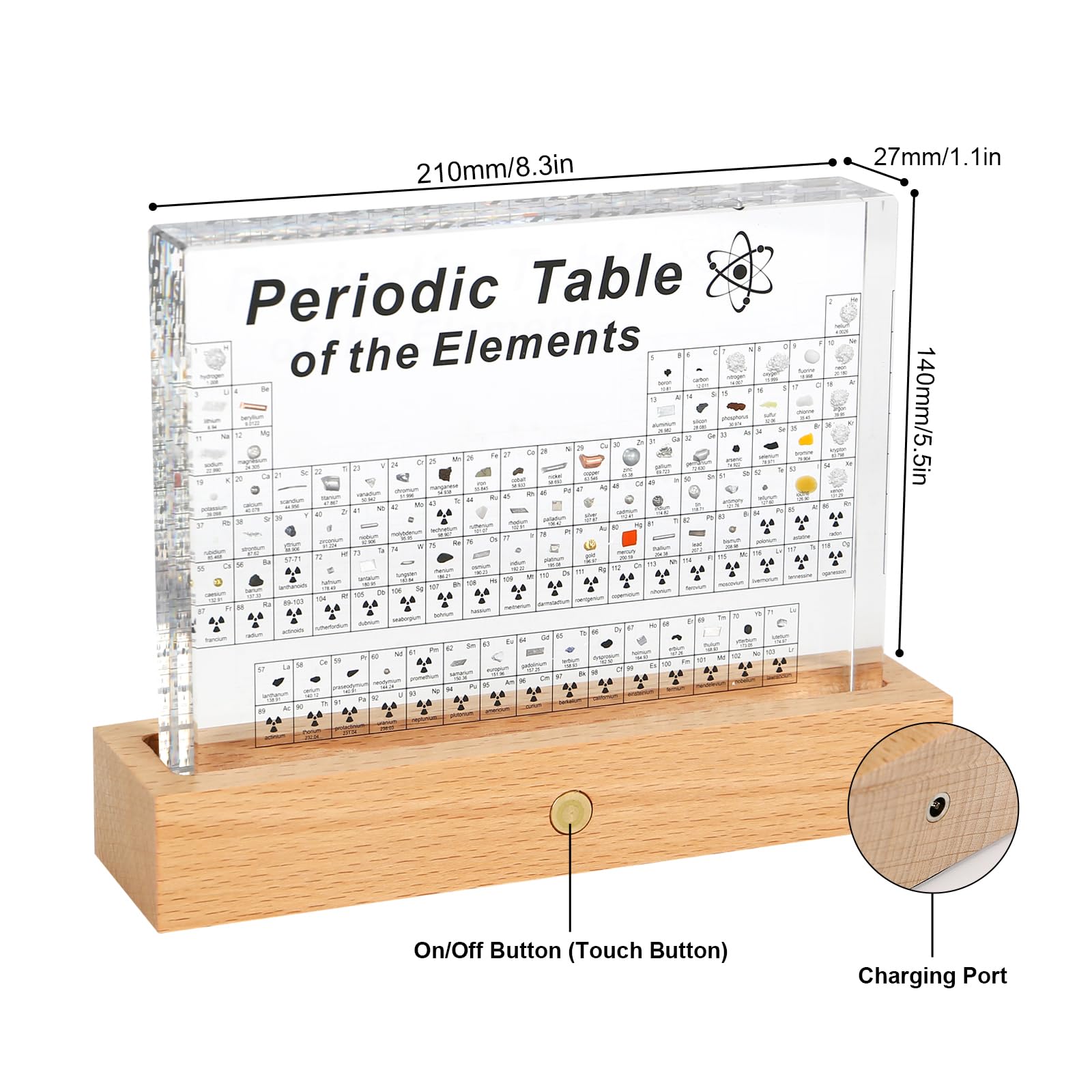 Btstil Tabla periódica con elementos reales, tabla periódica de acrílico de 83 elementos, muestra tabla periódica, regalo para estudiantes, profesores, estudiantes, manualidades, decoración (grande A)