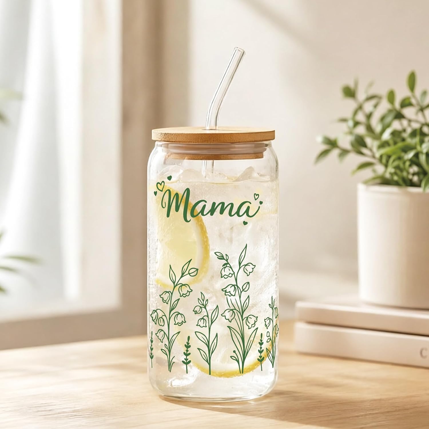 Mama Gift for Mom - 16oz Floral Iced Coffee Glass Tumbler with Lid Straw image 3