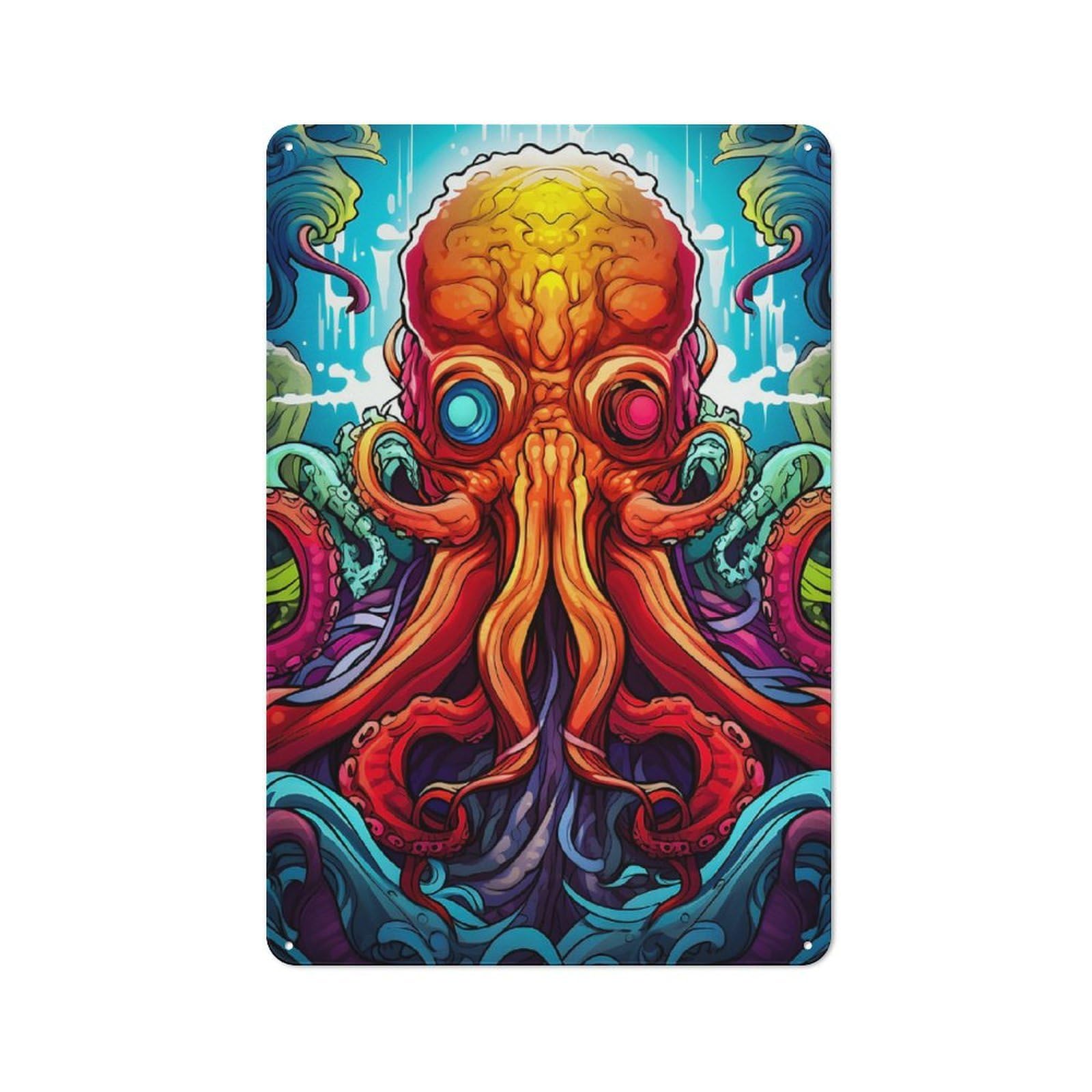 Junmoney Octopus Illustration Classic Metal Wall Decor 30X20cm, Decorative Metal Sign For Workspace, Cafe, Shop Or Desk Area