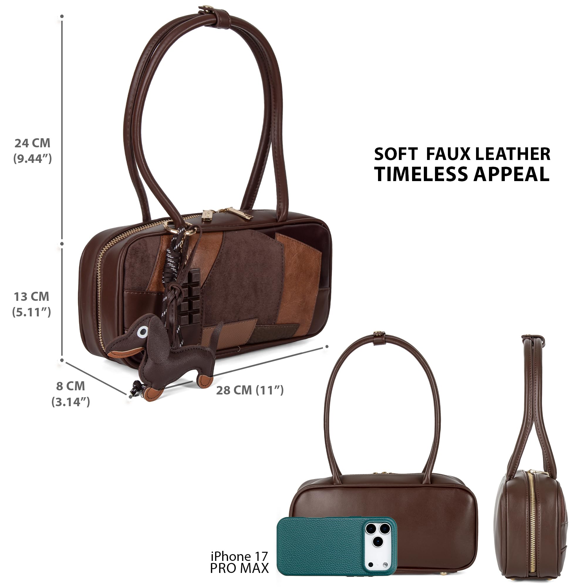 Woodland Leathers Borsa a mano da donna, borsa a tracolla in ecopelle patchwork per donne, elegante mix di pelle scamosciata e morbida toppa lavorata su borsa baguette firmata