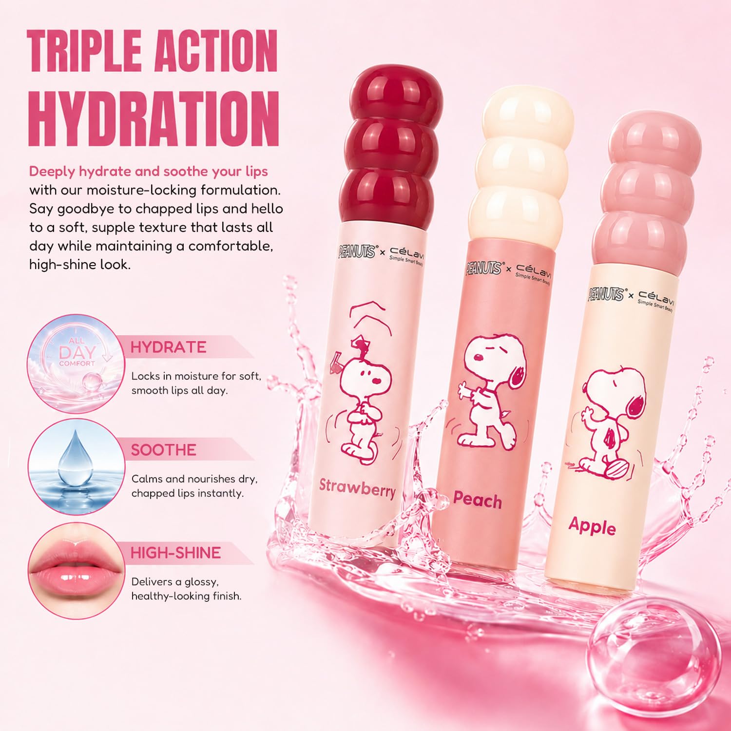 CELAVI x PEANUTS Snoopy Lip Oil Set, 3 Pc, Pink - Hydrating Lip Care, Cute Makeup Gift for Teens & Women