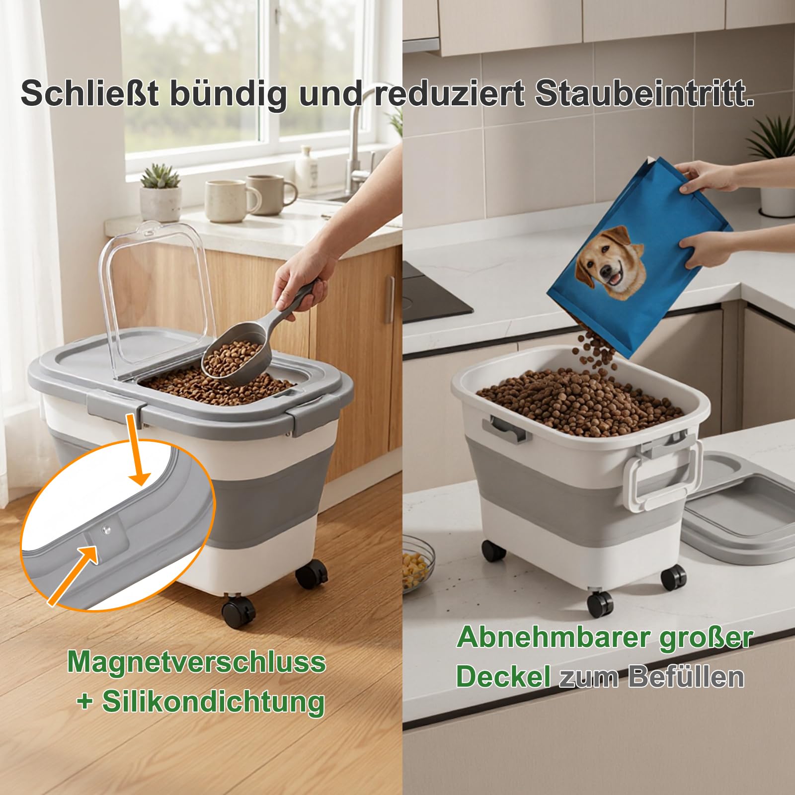 FUSHITON Großer faltbarer Hundefutterbehälter mit Rollen 24L – Trockenfutter Vorratsbehälter luftdicht mit Clip-Verschluss, inkl. Schaufel + 1000ml Messbecher, platzsparend klappbar, grau