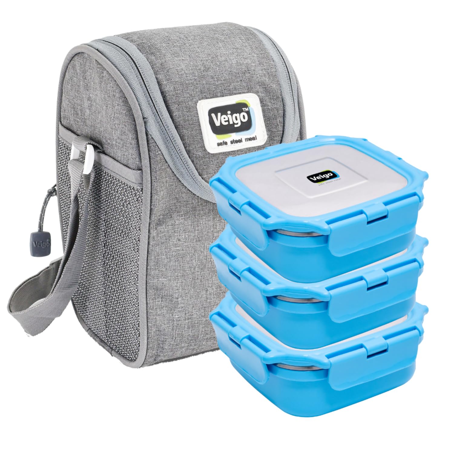 Veigo HeatUp and Microwave Safe Combo & Pack of 3 Stainless Steel Airtight & Leakproof Office Lunch Box with Insulated Pouch|Silicon Ring & Polymer Frame for Re-Heating|Square (330 ML) Blue|Lid Lock (B0CYLC4YJ7) Amazon Price History, Amazon Price Tracker