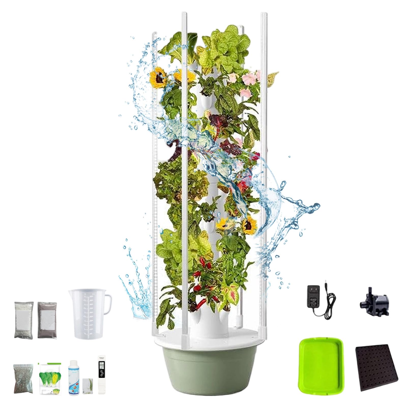 RUODATONLY 9-Layer 36 Slots Hydroponic Grow Tower Kit, Vertical Indoor Outdoor Growing System with 30LWater Tank, nutritional pack set and Timer for Vegetables, Strawberries, Lettuce 9Layer