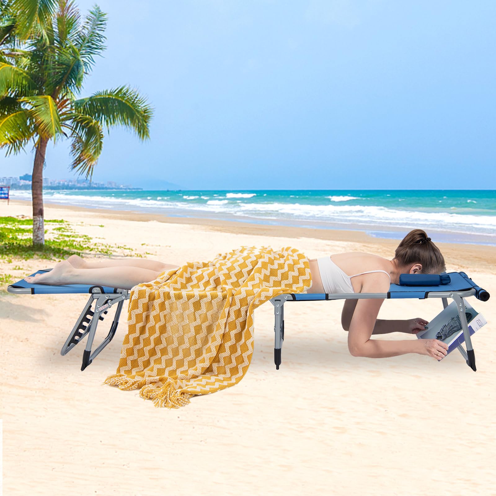 COSTWAY Bain de Soleil Pliable Inclinable à 5 Positions, Charge 150kg, Transat de Plage Pliable, Trou pour Visage, Appui-tête Amovible, Porte-gobelet et Poche, Chaise Longue pour Jardin Plage(Bleu)