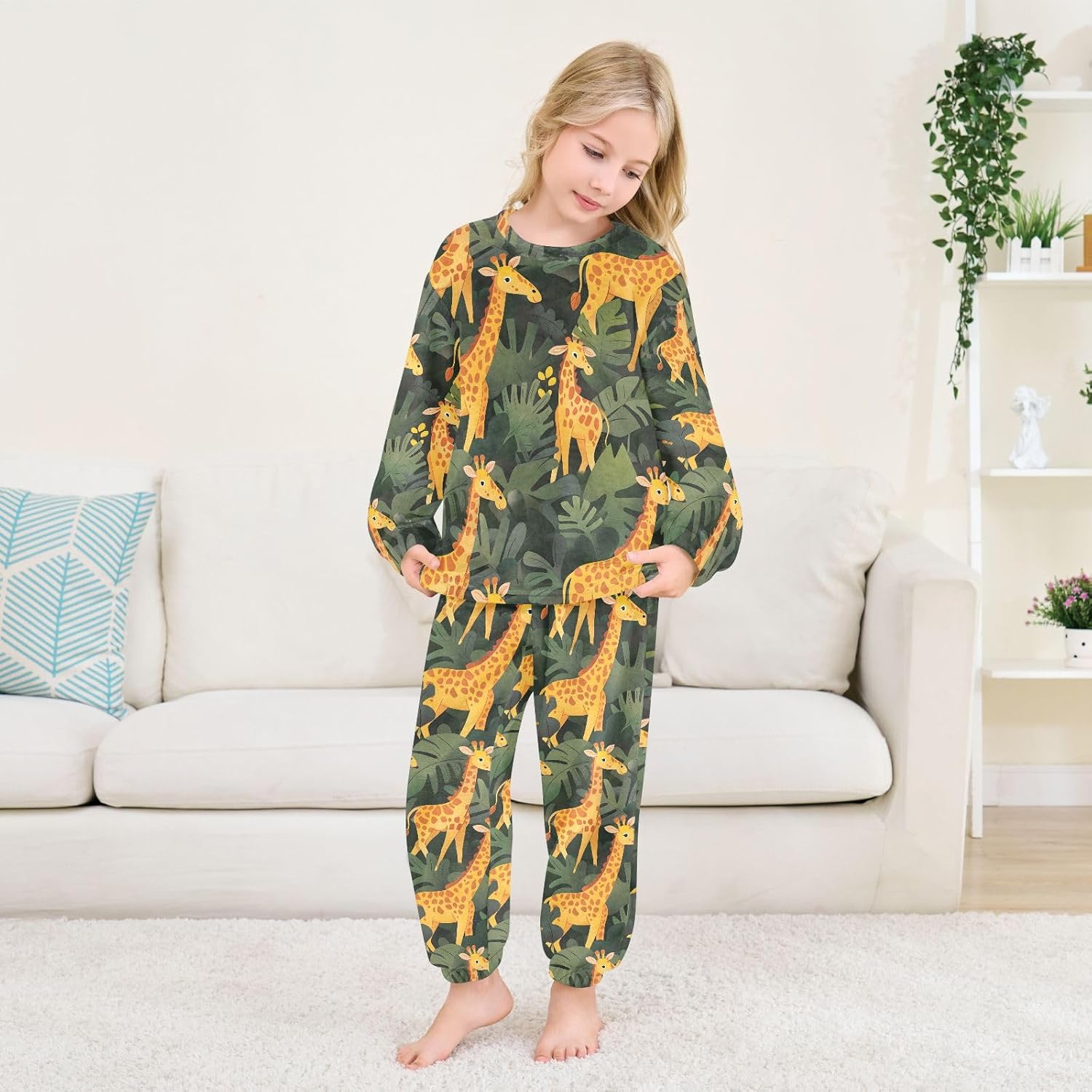 Kids Flannel Sets Giraffe Tropical Leaves Warm Plush Relaxed Clothing for Boys and Girls
