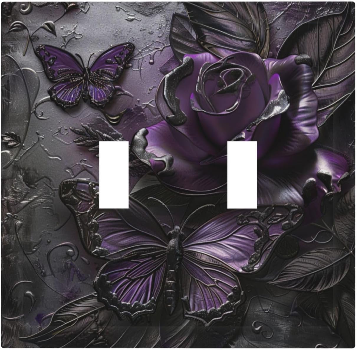 Decorative Switch Covers Plate Purple Rose Butterfly Flower 2 Gang Wall Plate Oversized Double Toggle Light Switch Plate Wall Cover Plate Faceplate for Bedroom Home Decor