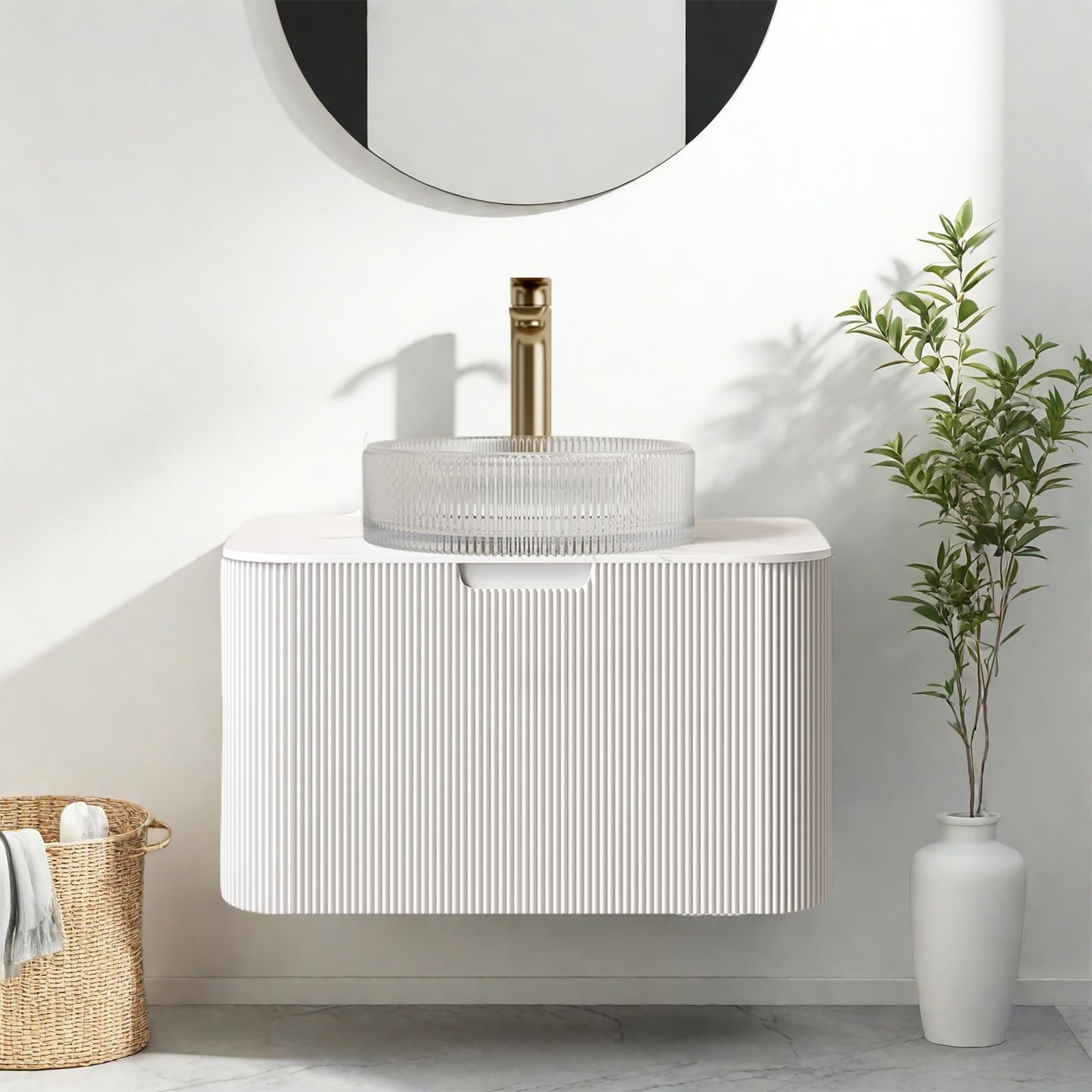 24" Floating Bathroom Vanity with Sink, Modern Bathroom Cabinet with Ultra-Thin Round Crystal Glass Basin and Marble Top, Extra Large Storage Drawer, Pre-Assembled, Soft-Close Design, White