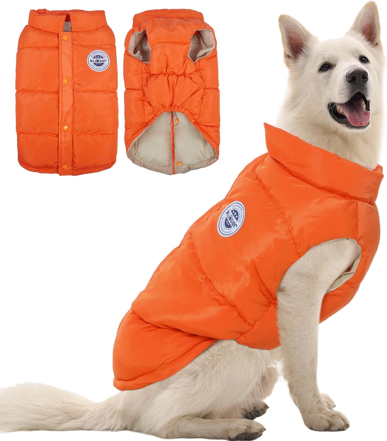 Kuoser Dog Coat Padded Vest, Windproof Dog Jacket, XL Warm Dogs Cold Weather Coats for Large Dogs, Lightweight Doggie Winter Clothes Outwear Pet Snowsuit Costume for Indoor Outdoor, Orange XL