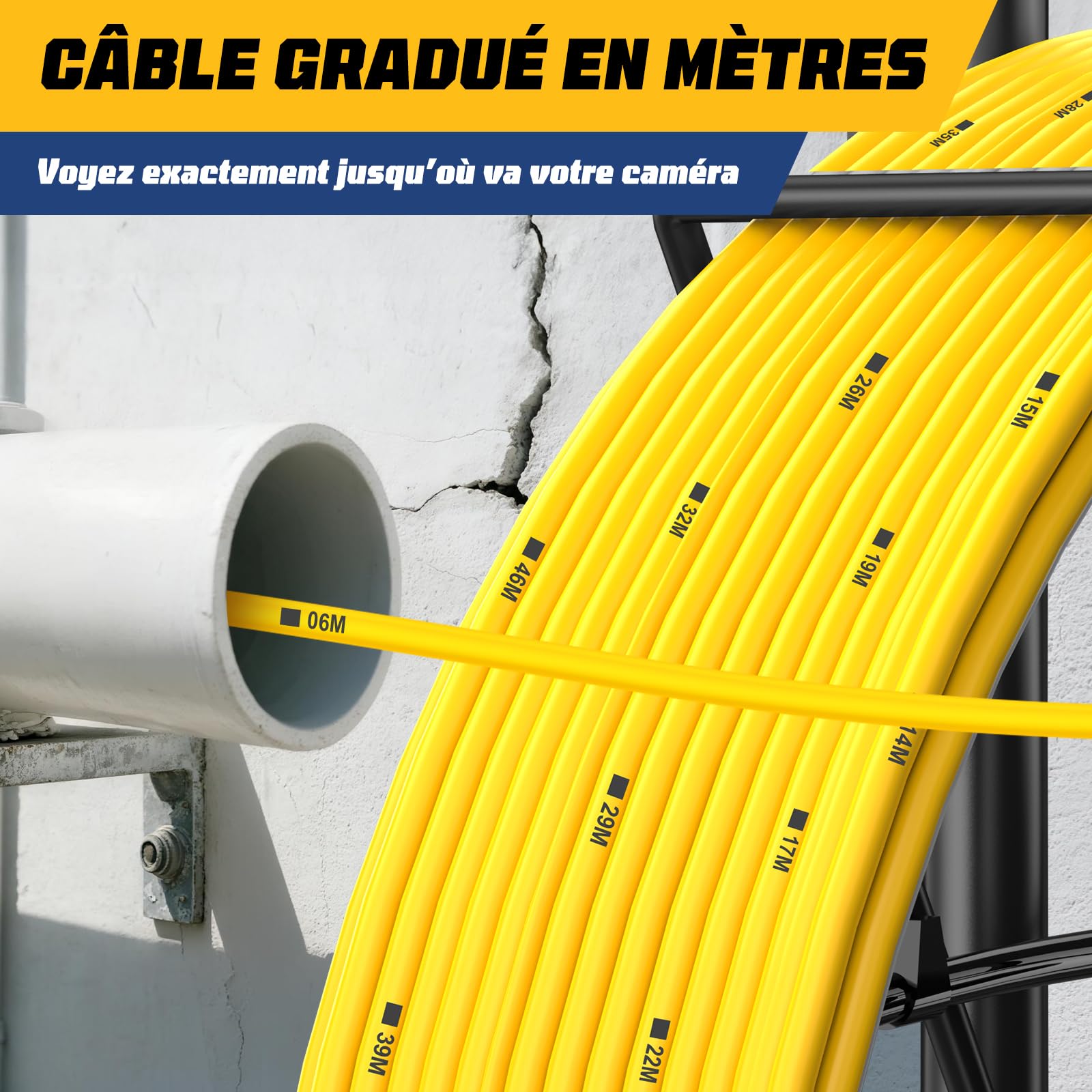 Caméra d’Inspection Canalisation, Auto-Nivelante Caméra 1080P et Émetteur 512Hz, Câble Renforcé 7MM avec Repères Métriques, Écran IPS HD 9 Pouces, DVR 32 Go, Batterie 5100 mAh, IP68 (30M)