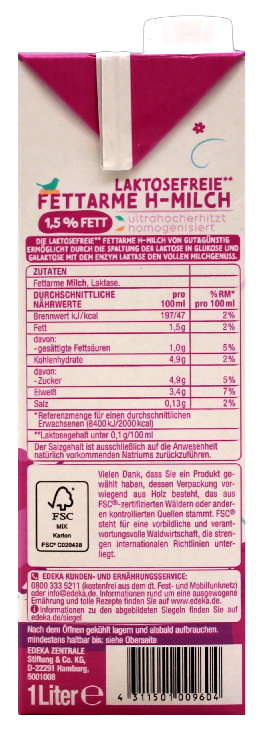 Gut & Günstig laktosefreie fettarme H-Milch 1,5% Fett, 12er Pack (12 x 1 l)