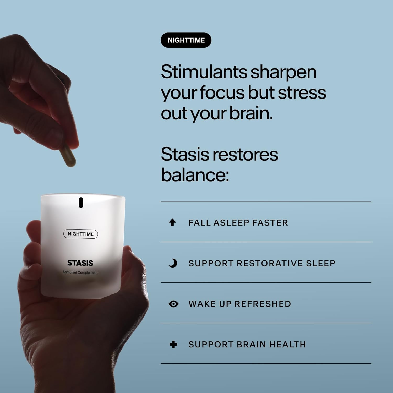 STASIS Nighttime Supplement for Men & Women with Magnesium, Melatonin, Zinc & Botanical Extracts, Evening Routine Support Capsules for Bedtime Use, Vegan, Non GMO, 25 Servings, 1 Month Supply