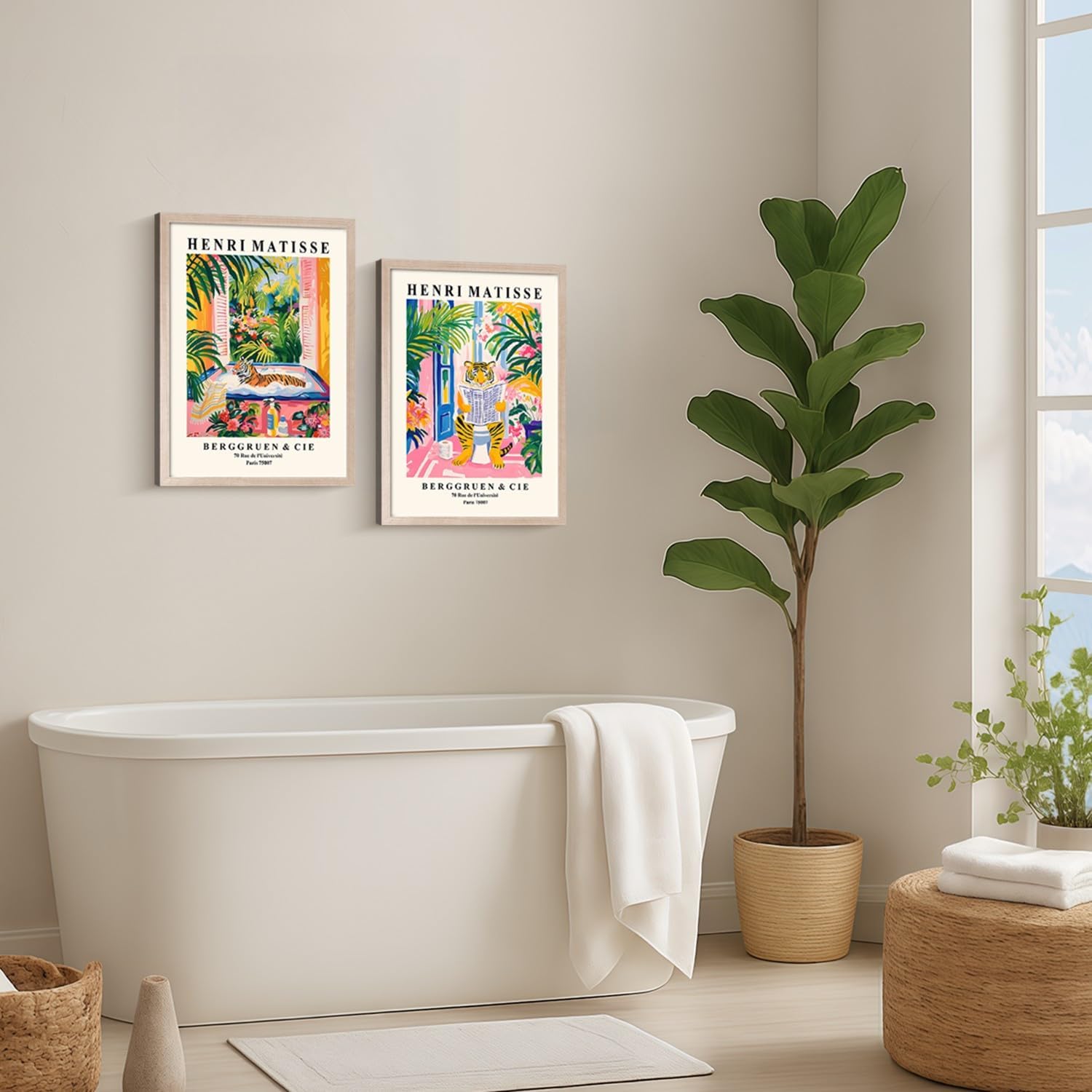 Framed Henri Matisse Tiger Wall Art Canvas Print Colorful Modern Painting Poster Funny Bathroom Poster Living Room Bedroom Gallery Home Wall Decor 16x24 Inch x2 Ready to Hang