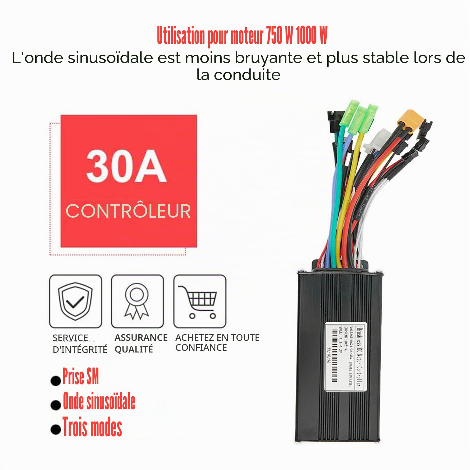 Contrôleur sinusoïdal de vélo électrique à 3 modes pour moteur sans balais 24 V 36 V 48 V 750 W 1000 W 30 A