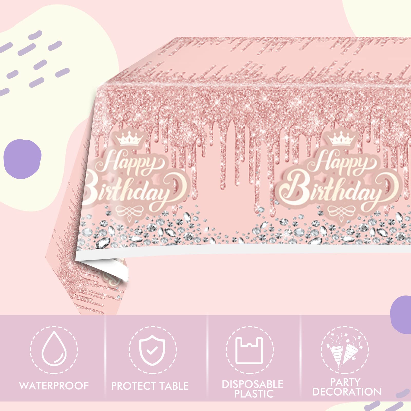 Nappe D'anniversaire En Or Rose, Fleur Rose, Couverture De Table Joyeux Anniversaire, Fournitures De Fête D'anniversaire Princesse Pour Filles