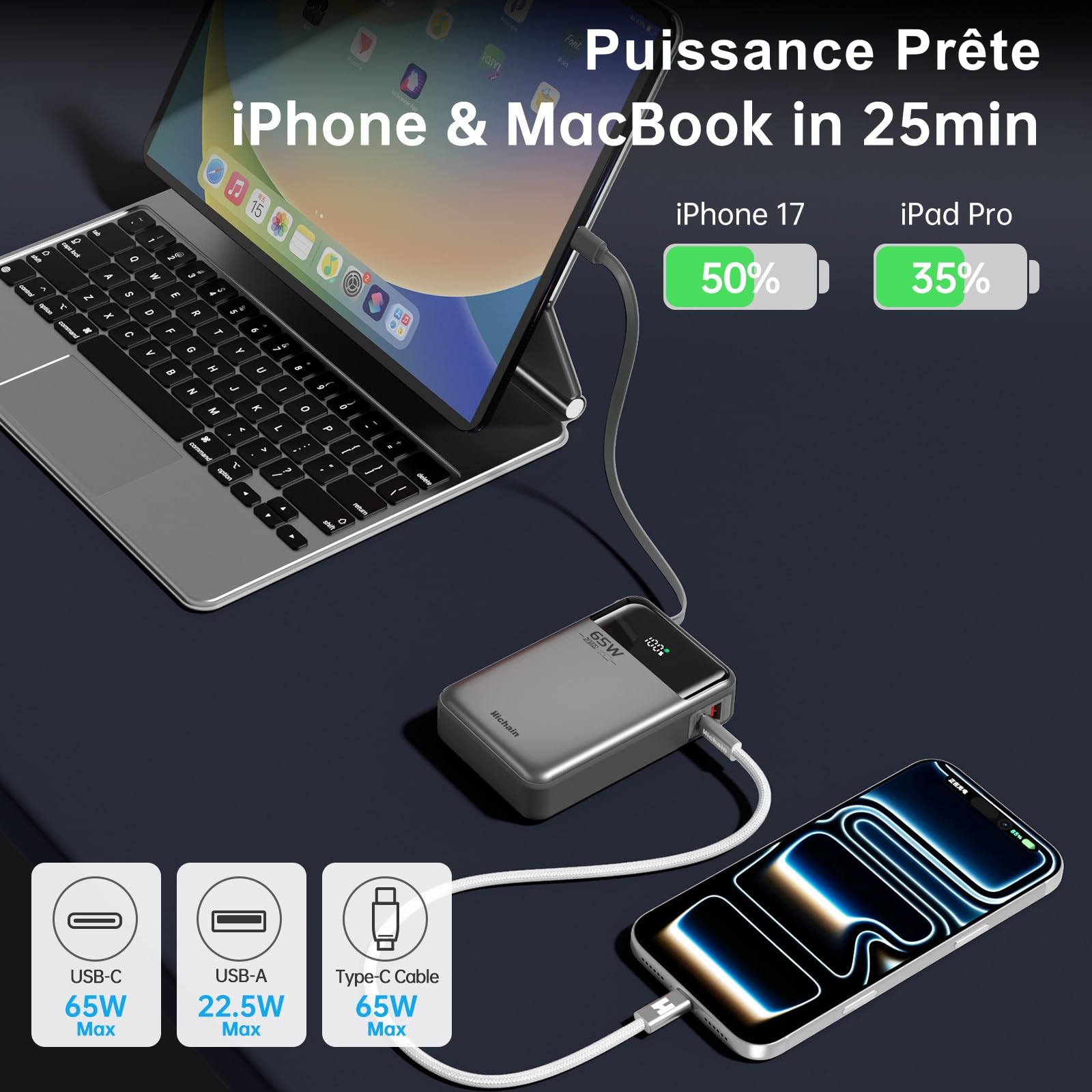 Hichain 65W Batterie Externe 20000mAh, Power Bank avec Cable Intégré USB C, LED, 1 Port USB-C & A, Chargeur Externe Powerbank Compatible avec MacBook, iPhone 16/15, Galaxy S25, iPad, Tablet, Noir